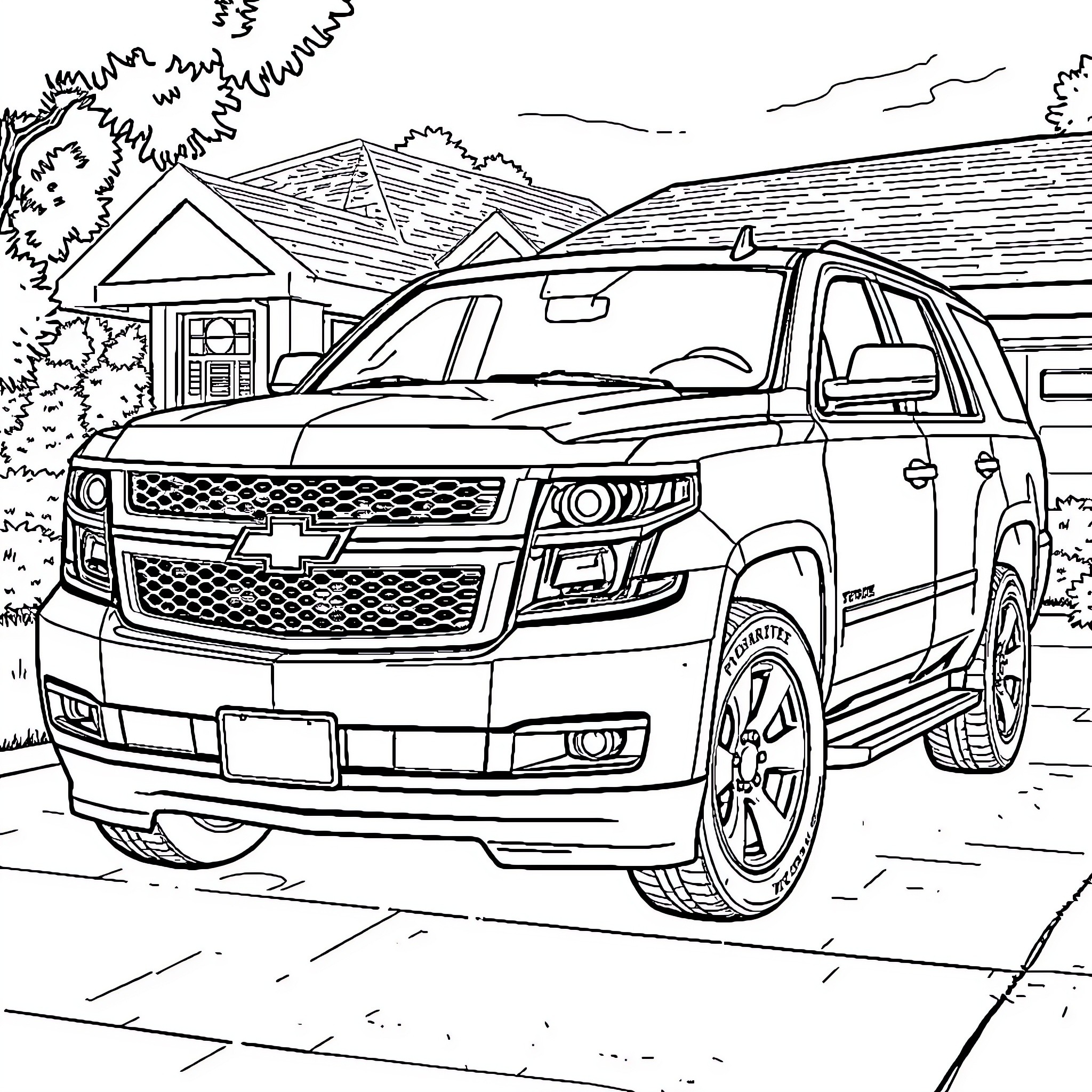 Chevy SUV parked in front of suburban home Coloring Page (free black-and-white line drawing printable PDF for all, from beginners to advanced learners, including children, teens, adults, and seniors)