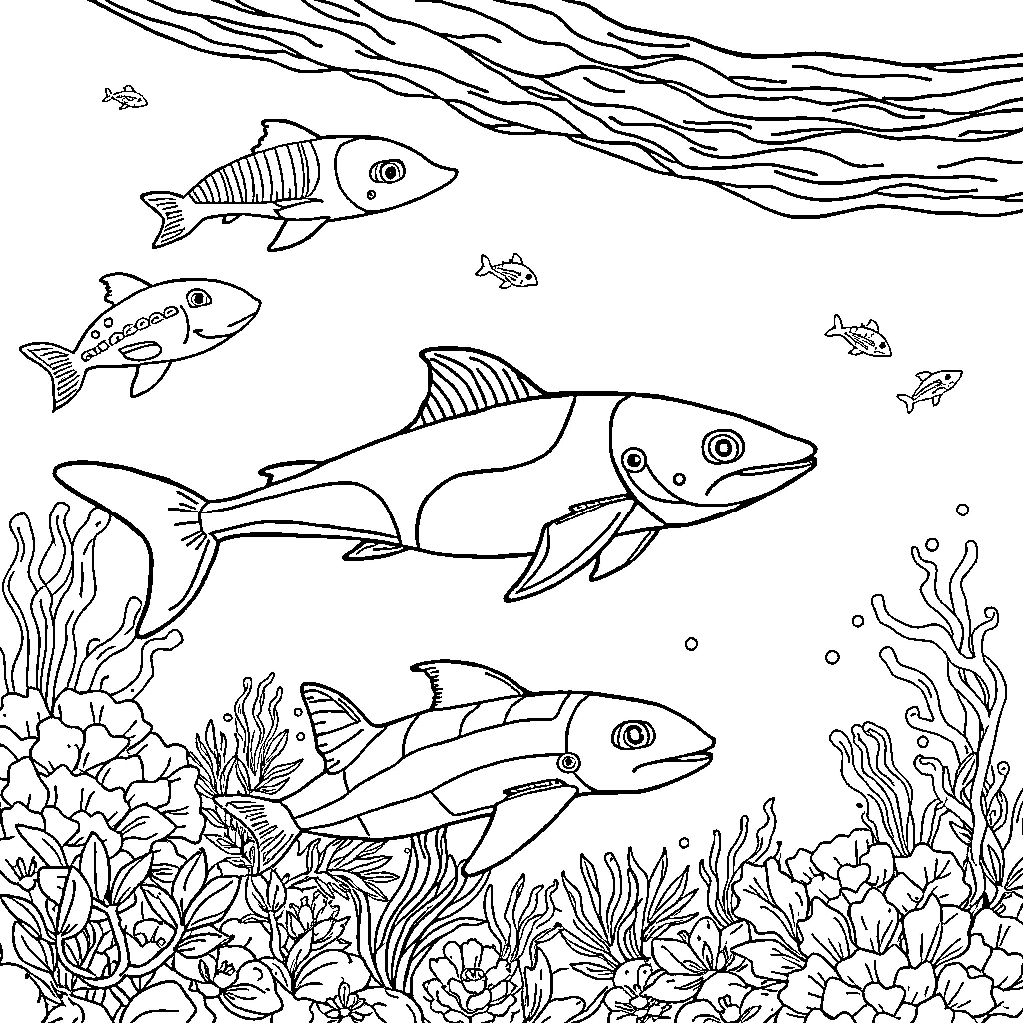 Marine Animals Swimming Underwater in the Sea Coloring Page (free black-and-white line drawing printable PDF for all, from beginners to advanced learners, including children, teens, adults, and seniors)
