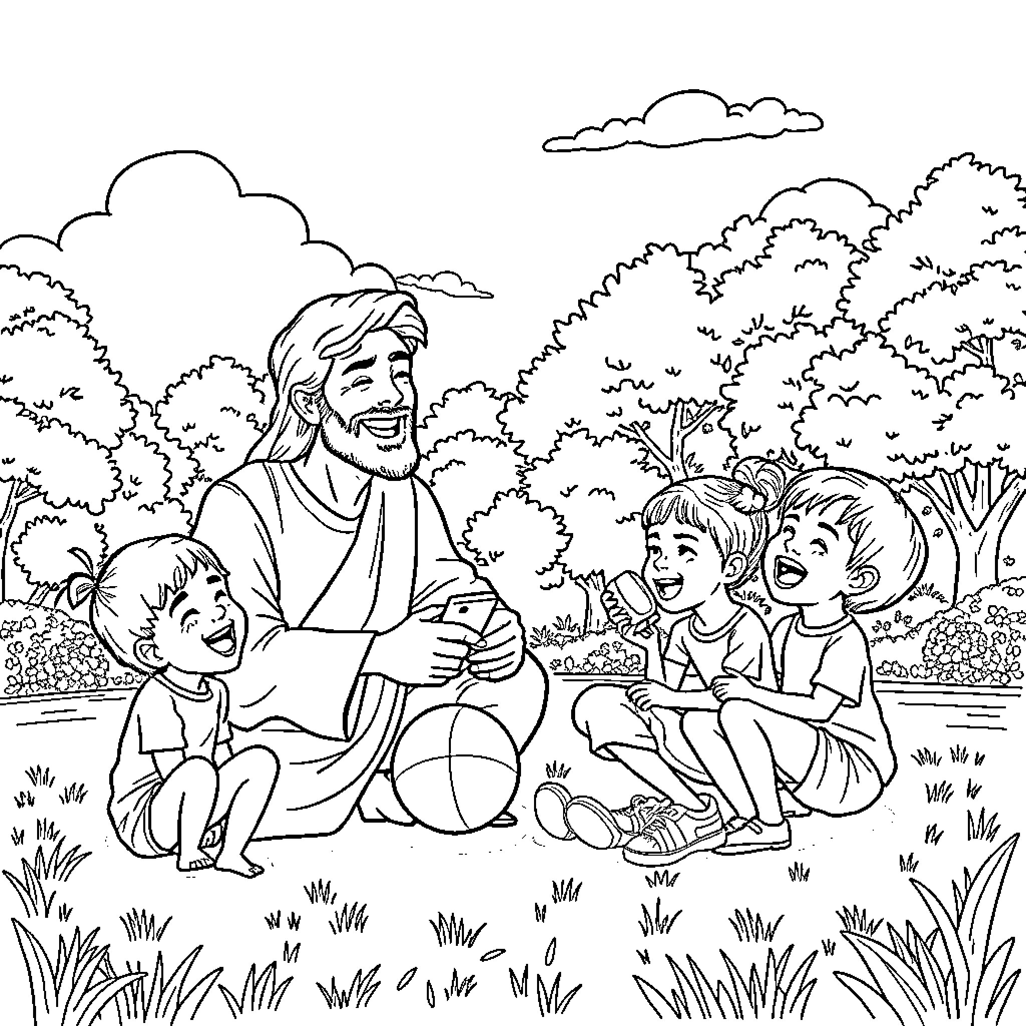 Jesus interacting joyfully with children in a natural setting Coloring Page (free black-and-white line drawing printable PDF for all, from beginners to advanced learners, including children, teens, adults, and seniors)