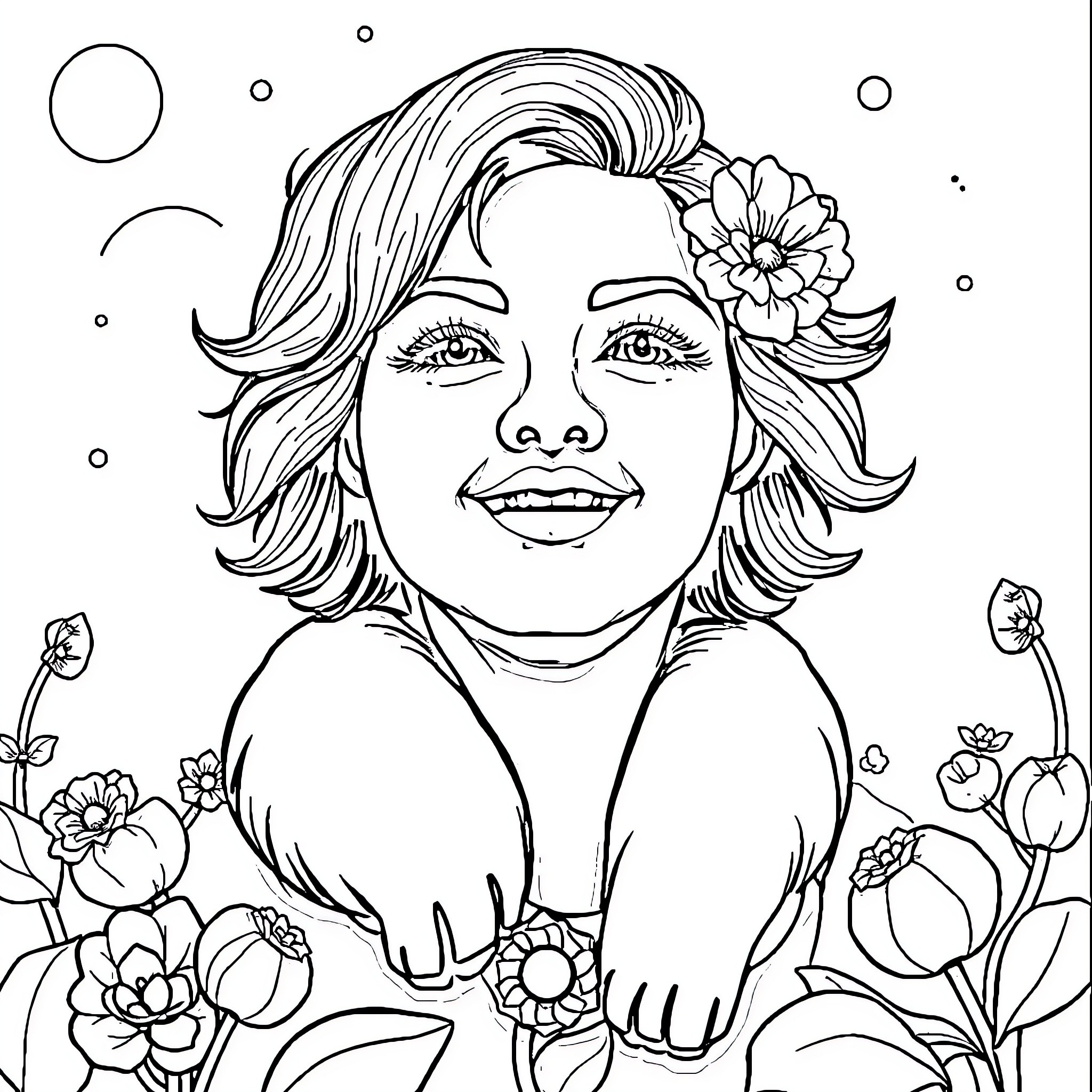 Cake of a smiling woman surrounded by flowers Coloring Page (free black-and-white line drawing printable PDF for all, from beginners to advanced learners, including children, teens, adults, and seniors)