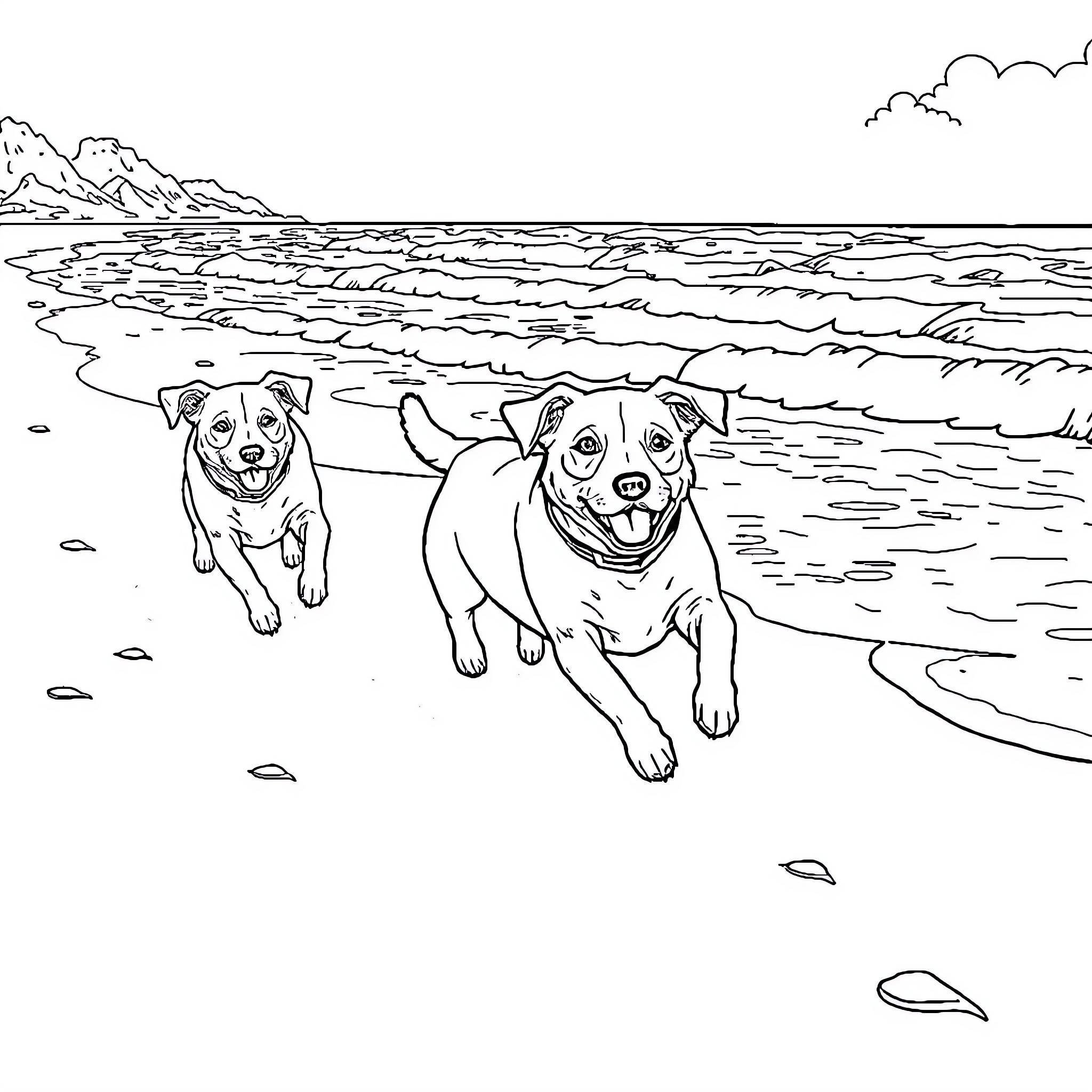 Dogs playing joyfully on the beach Coloring Page (free black-and-white line drawing printable PDF for all, from beginners to advanced learners, including children, teens, adults, and seniors)