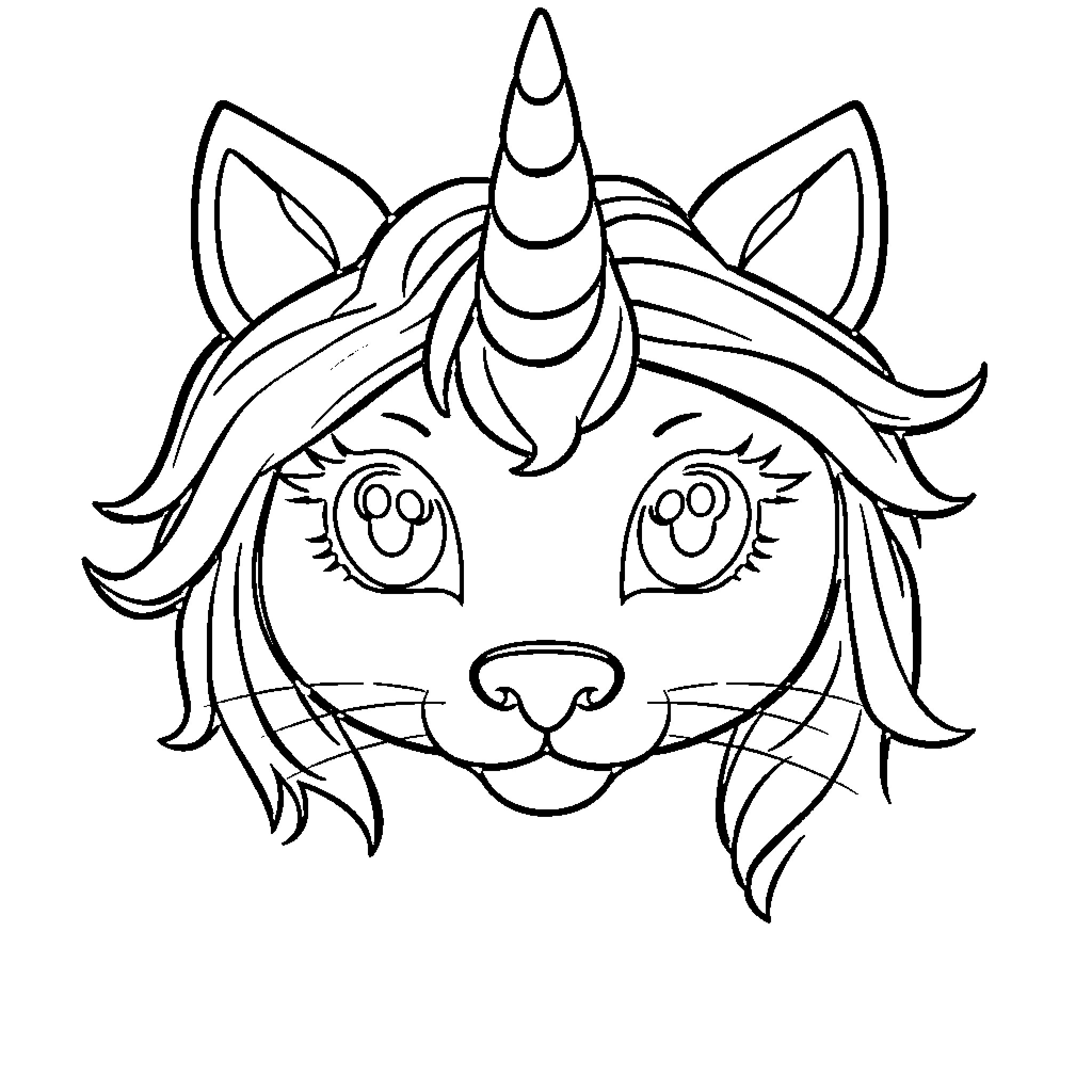 Unicorn Cat with whimsical features Coloring Page (free black-and-white line drawing printable PDF for all, from beginners to advanced learners, including children, teens, adults, and seniors)