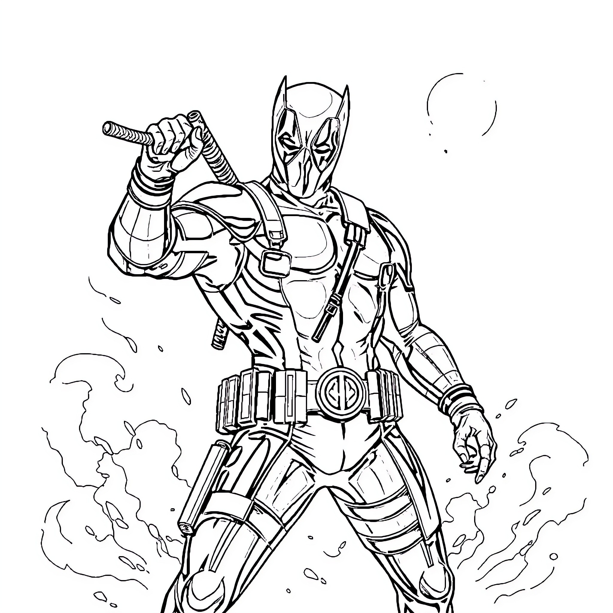 Deadpool Unleashing Mayhem with Katanas and Gadgets Coloring Page (free black-and-white line drawing printable PDF for all, from beginners to advanced learners, including children, teens, adults, and seniors)