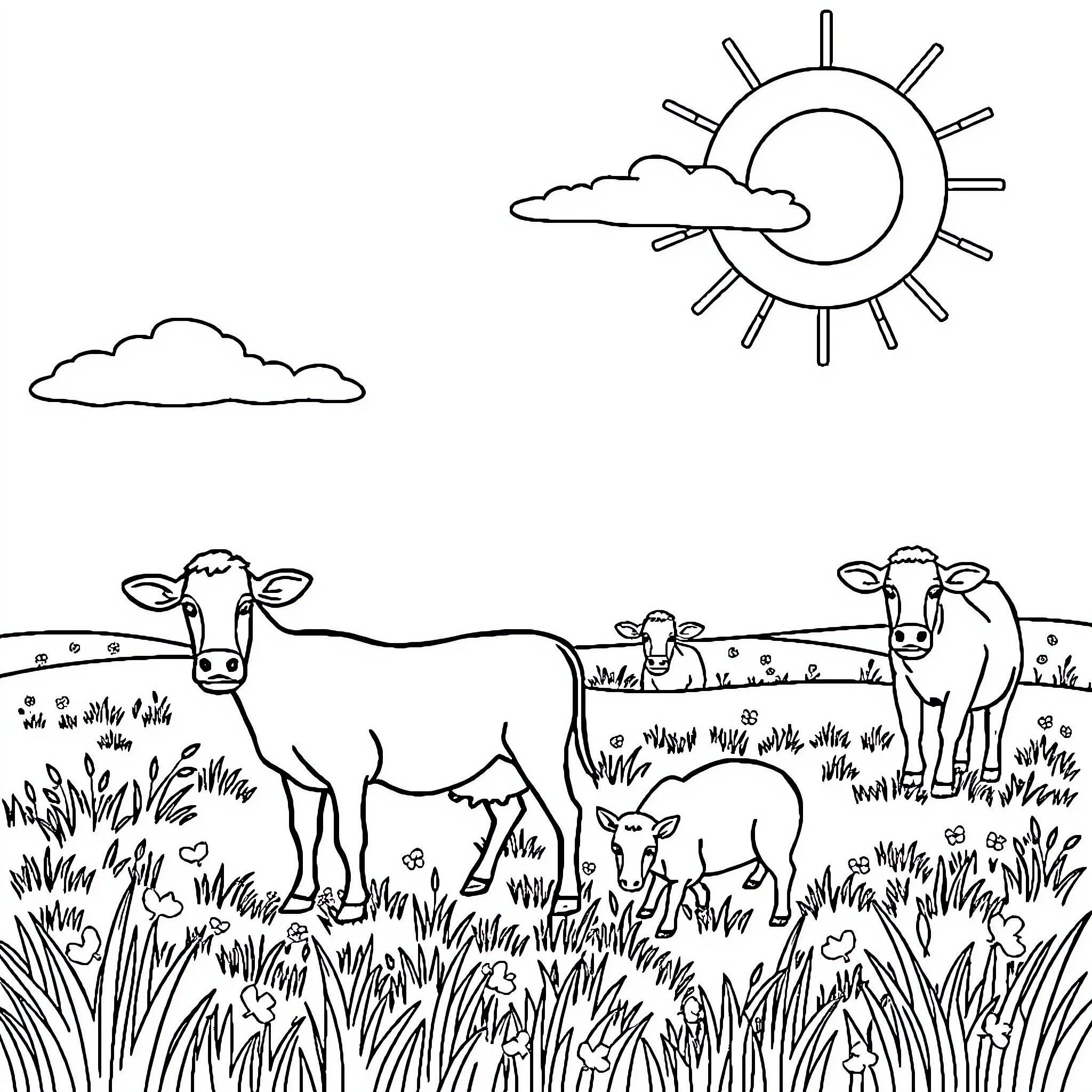 Farm Animals Grazing in Pastoral Landscape Coloring Page (free black-and-white line drawing printable PDF for all, from beginners to advanced learners, including children, teens, adults, and seniors)
