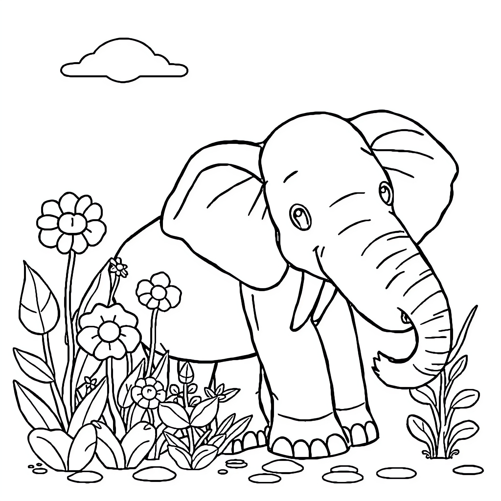 Elephant enjoying flowers in the garden Coloring Page (free black-and-white line drawing printable PDF for all, from beginners to advanced learners, including children, teens, adults, and seniors)