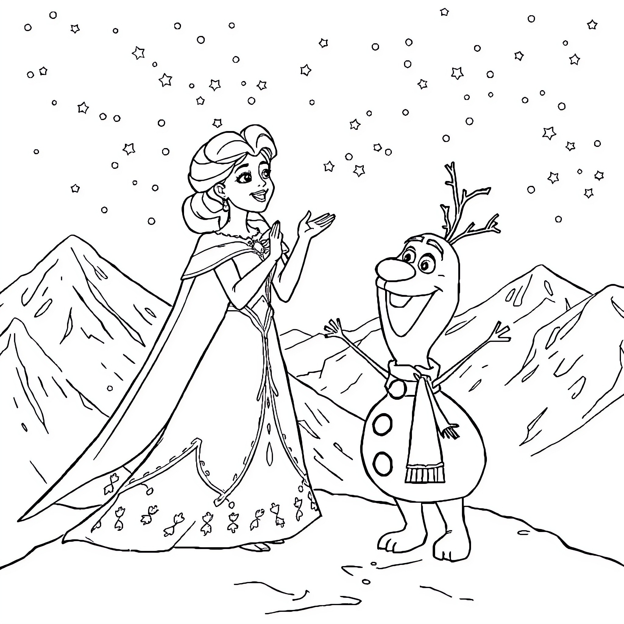 Queen Elsa and Olaf in a Snowy Winter Wonderland Coloring Page (free black-and-white line drawing printable PDF for all, from beginners to advanced learners, including children, teens, adults, and seniors)