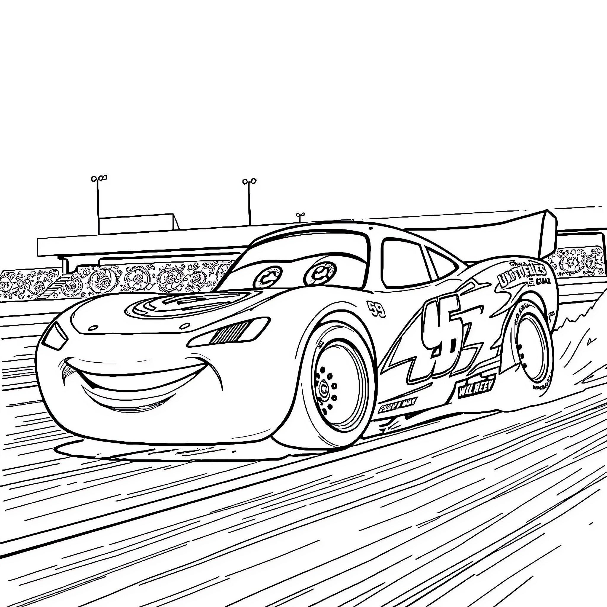 Lightning McQueen Racing on the Track Coloring Page (free black-and-white line drawing printable PDF for all, from beginners to advanced learners, including children, teens, adults, and seniors)
