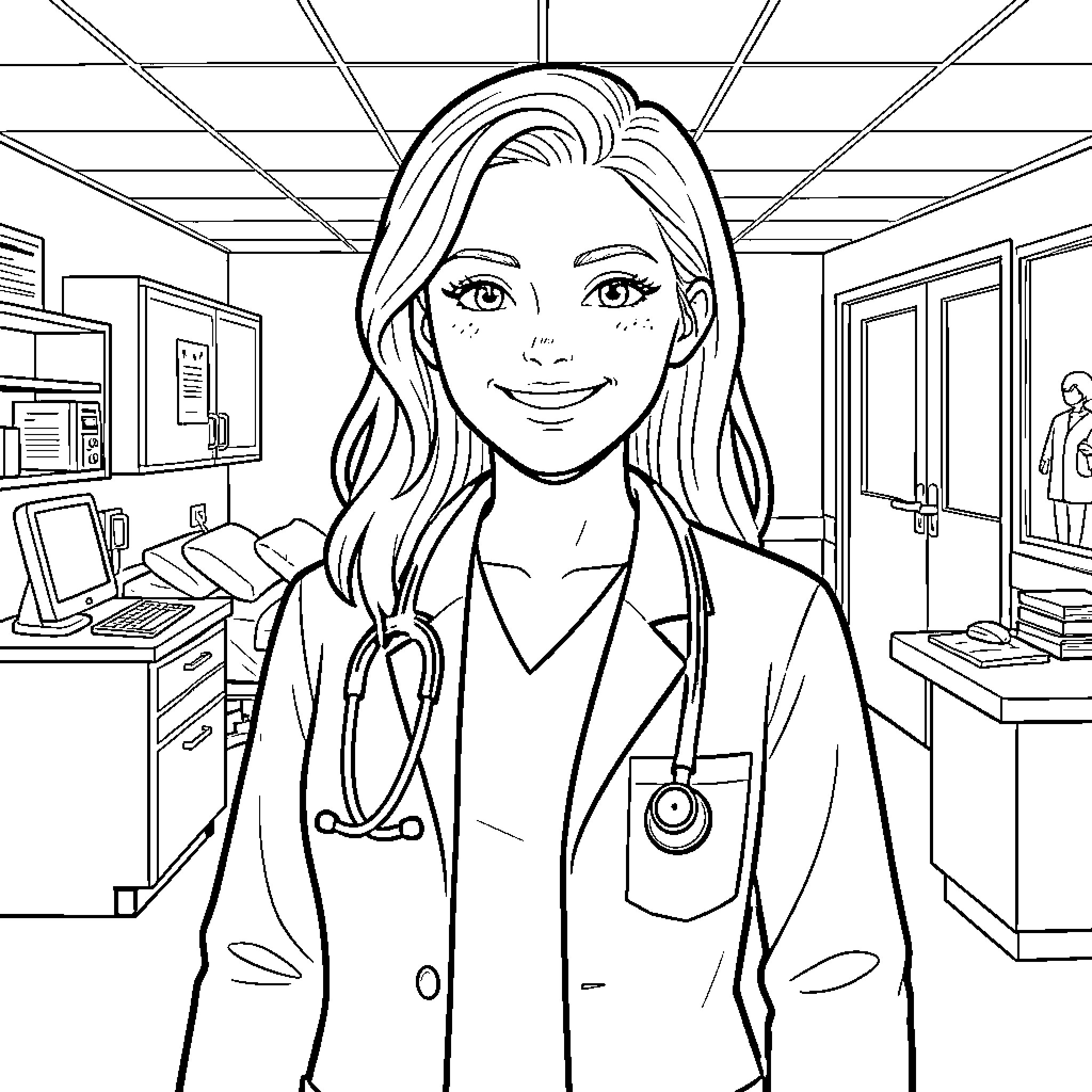 Doctor Smiling Warmly in Medical Office Coloring Page (free black-and-white line drawing printable PDF for all, from beginners to advanced learners, including children, teens, adults, and seniors)