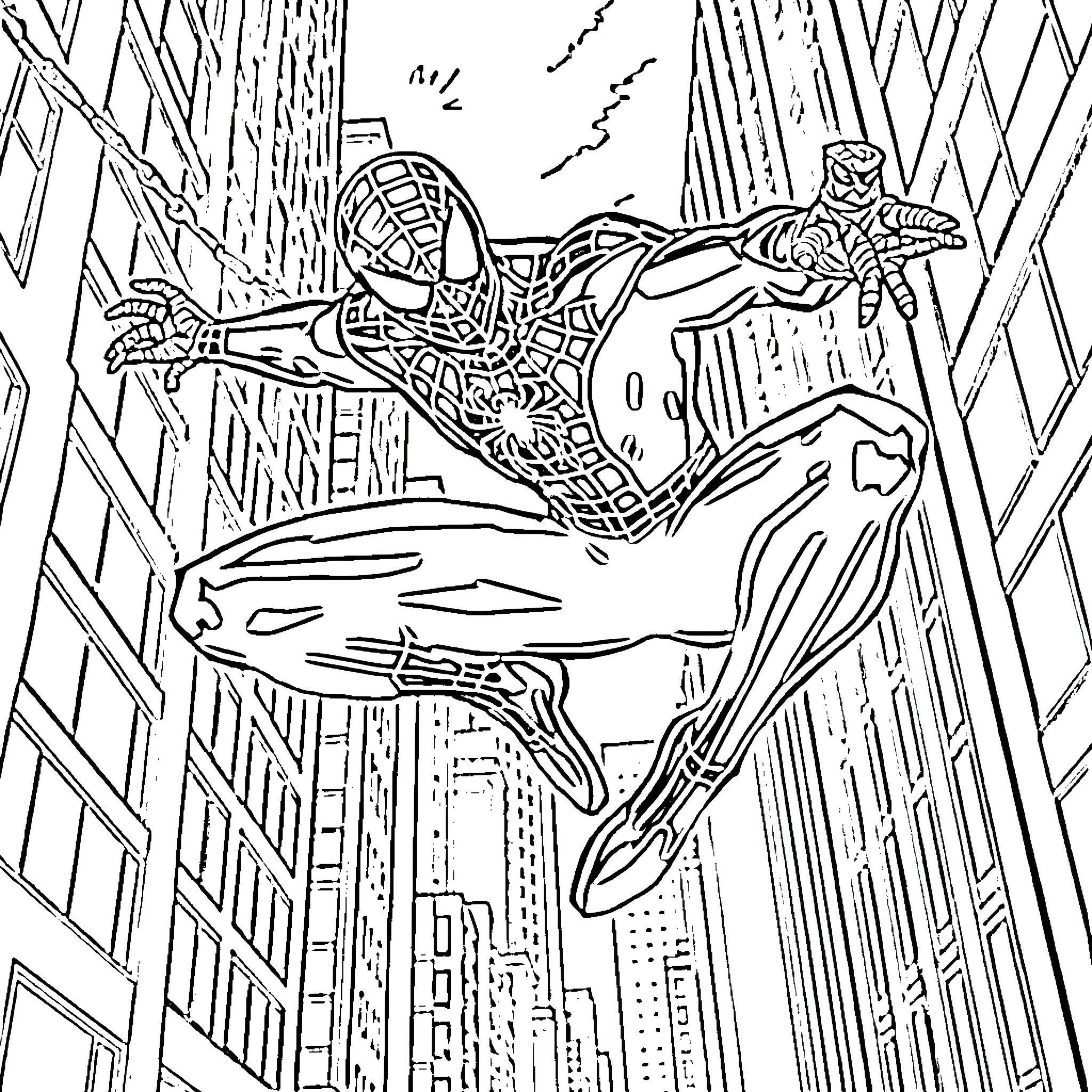 Spider-Man swinging through the city Coloring Page (free black-and-white line drawing printable PDF for all, from beginners to advanced learners, including children, teens, adults, and seniors)