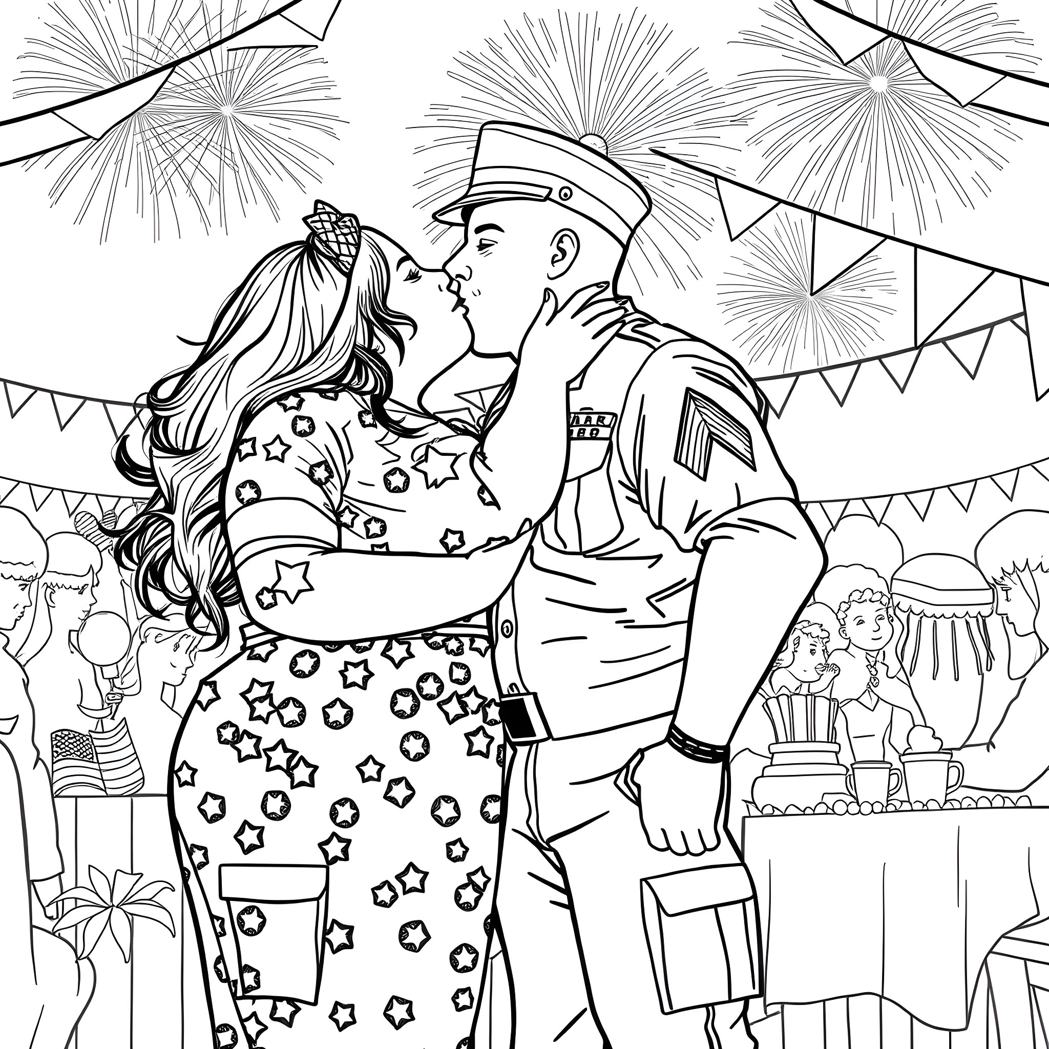 Woman celebrating with soldier at festive event Coloring Page (free black-and-white line drawing printable PDF for all, from beginners to advanced learners, including children, teens, adults, and seniors)
