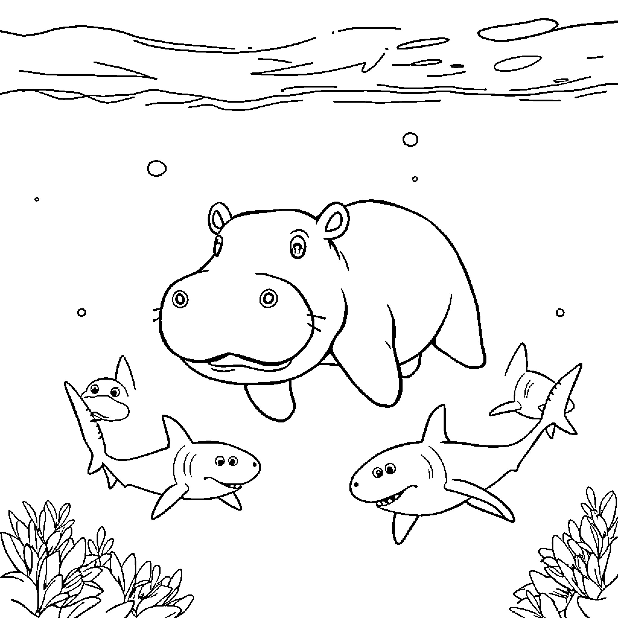 Hippo swimming with colorful marine life Coloring Page (free black-and-white line drawing printable PDF for all, from beginners to advanced learners, including children, teens, adults, and seniors)