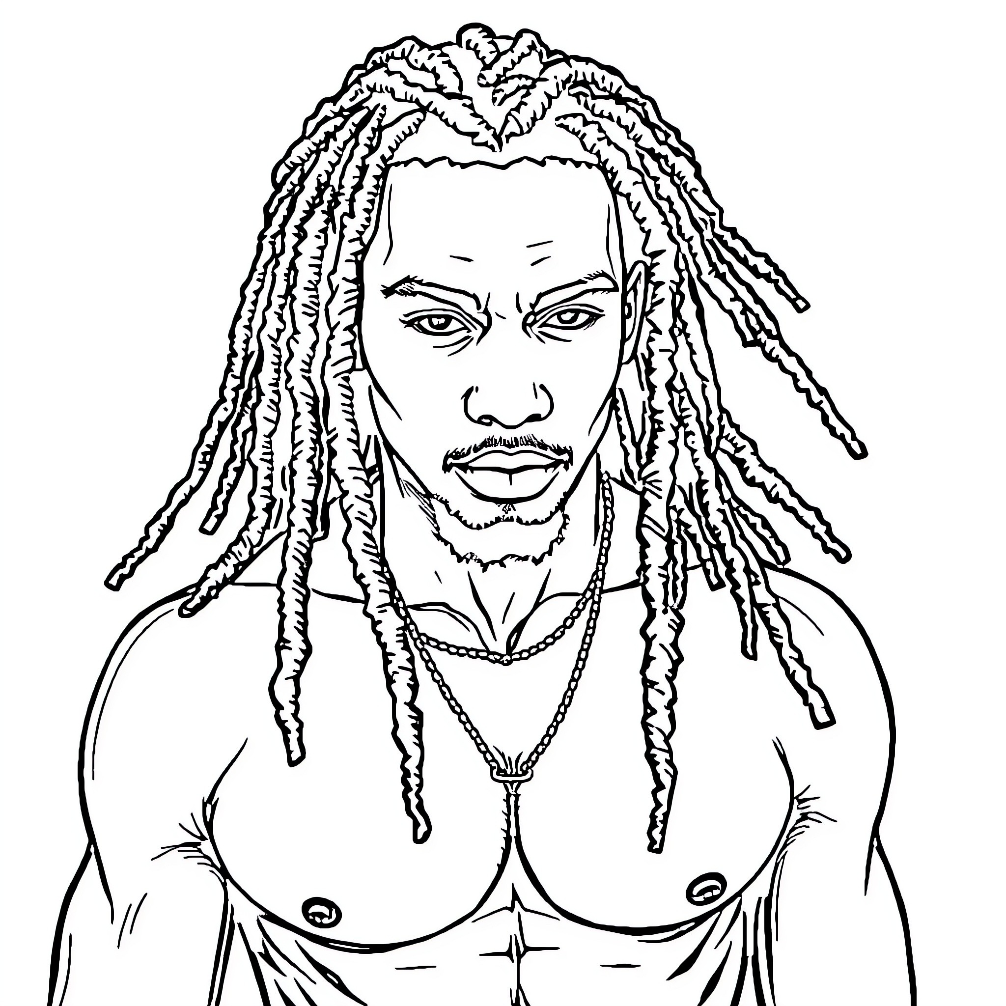 Man with Dreadlocks and Muscular Physique Coloring Page (free black-and-white line drawing printable PDF for all, from beginners to advanced learners, including children, teens, adults, and seniors)