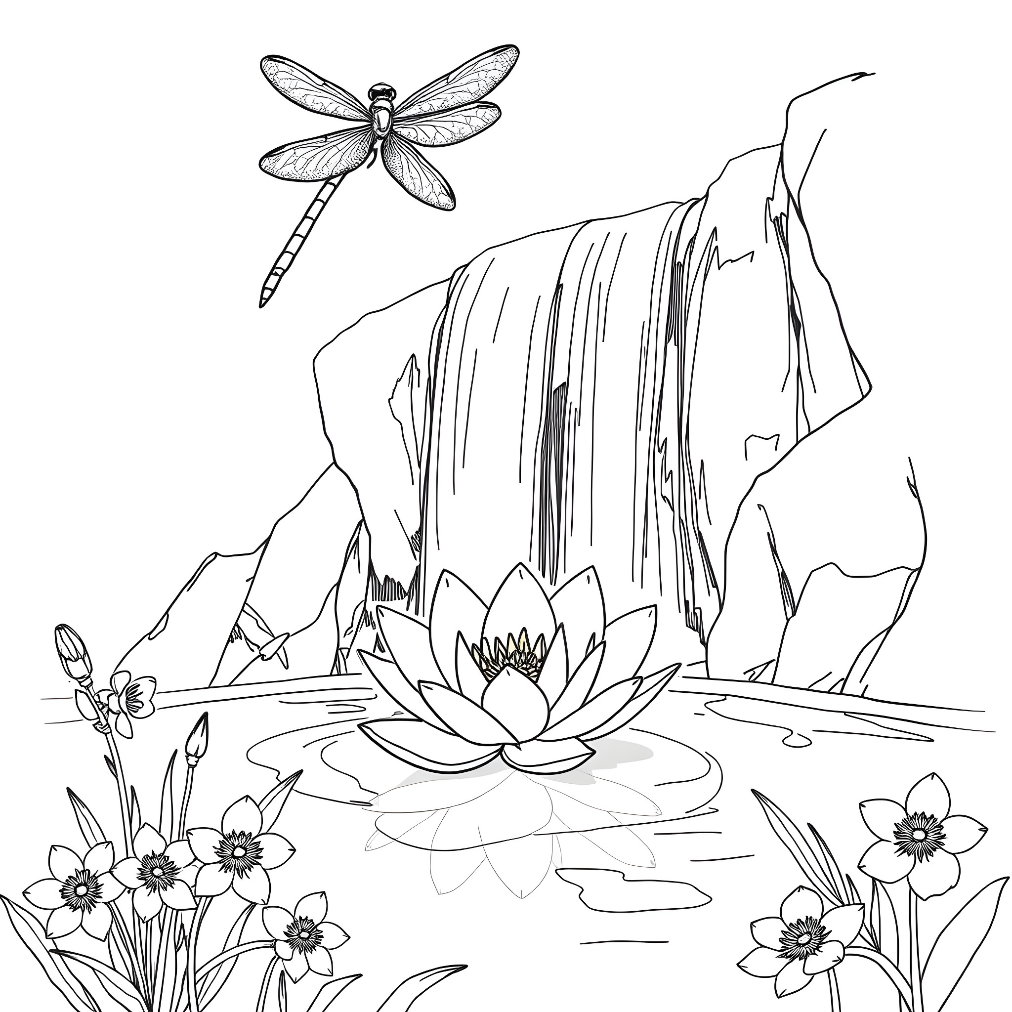 Dragonfly soaring over a serene pond with lotus flowers Coloring Page (free black-and-white line drawing printable PDF for all, from beginners to advanced learners, including children, teens, adults, and seniors)