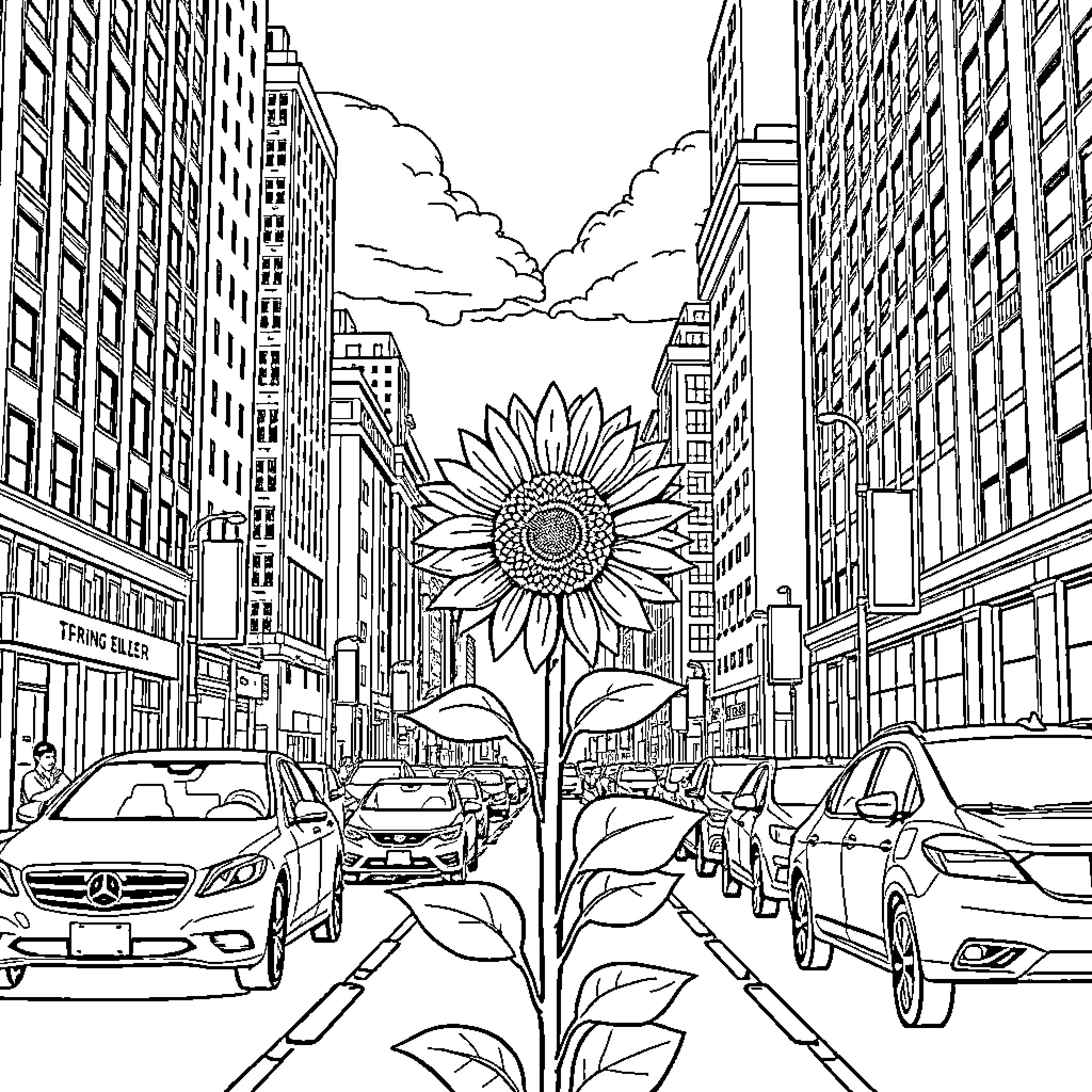Sunflower blooms amidst a bustling city landscape Coloring Page (free black-and-white line drawing printable PDF for all, from beginners to advanced learners, including children, teens, adults, and seniors)