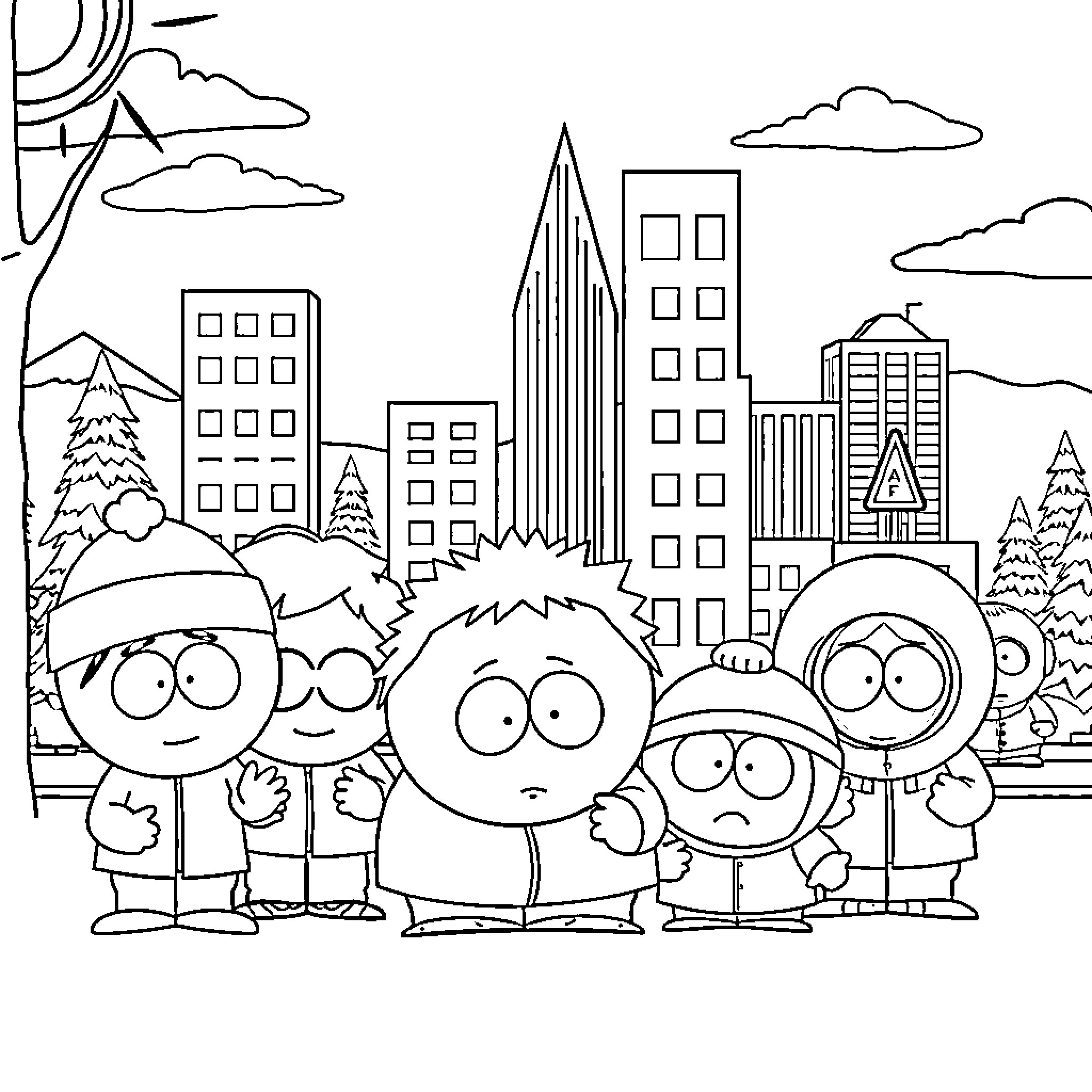 Character friends exploring the city skyline Coloring Page (free black-and-white line drawing printable PDF for all, from beginners to advanced learners, including children, teens, adults, and seniors)