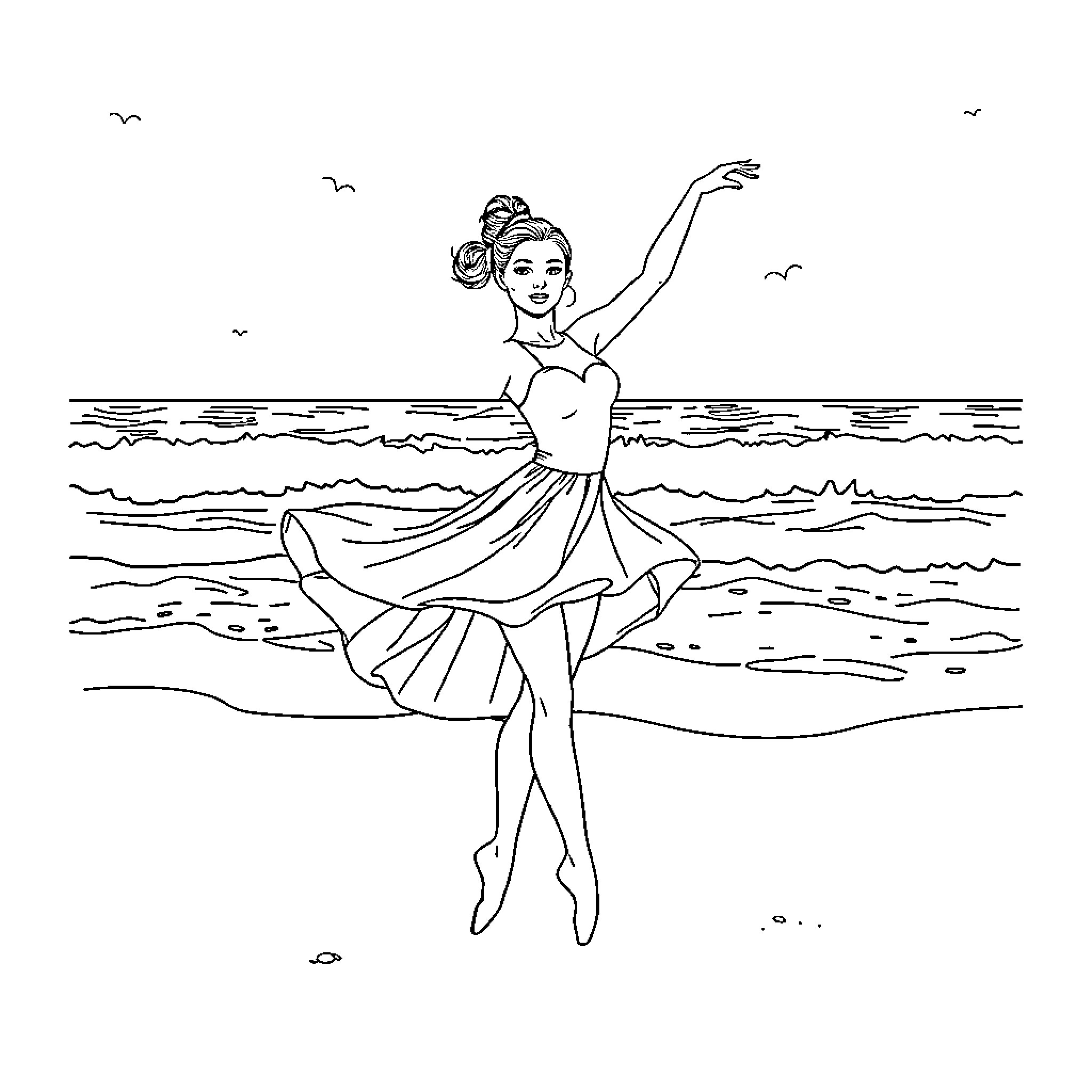 Ballerina dancing gracefully on the beach Coloring Page (free black-and-white line drawing printable PDF for all, from beginners to advanced learners, including children, teens, adults, and seniors)
