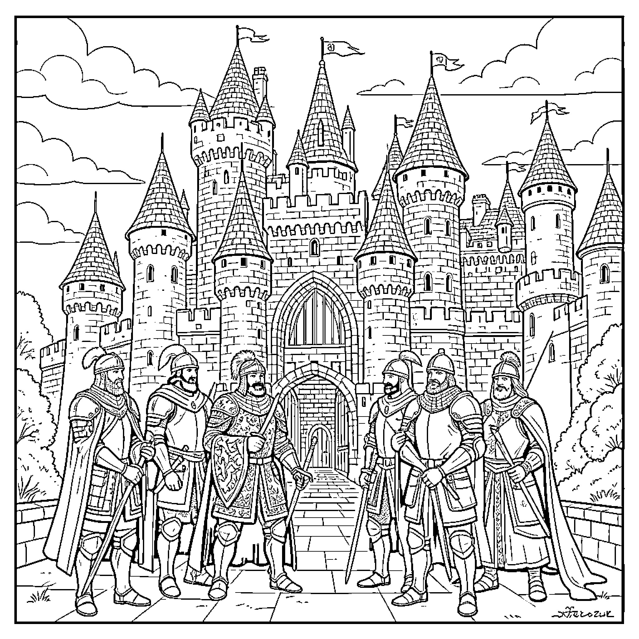 Dynasty of Medieval Knights Guarding a Majestic Castle Coloring Page (free black-and-white line drawing printable PDF for all, from beginners to advanced learners, including children, teens, adults, and seniors)