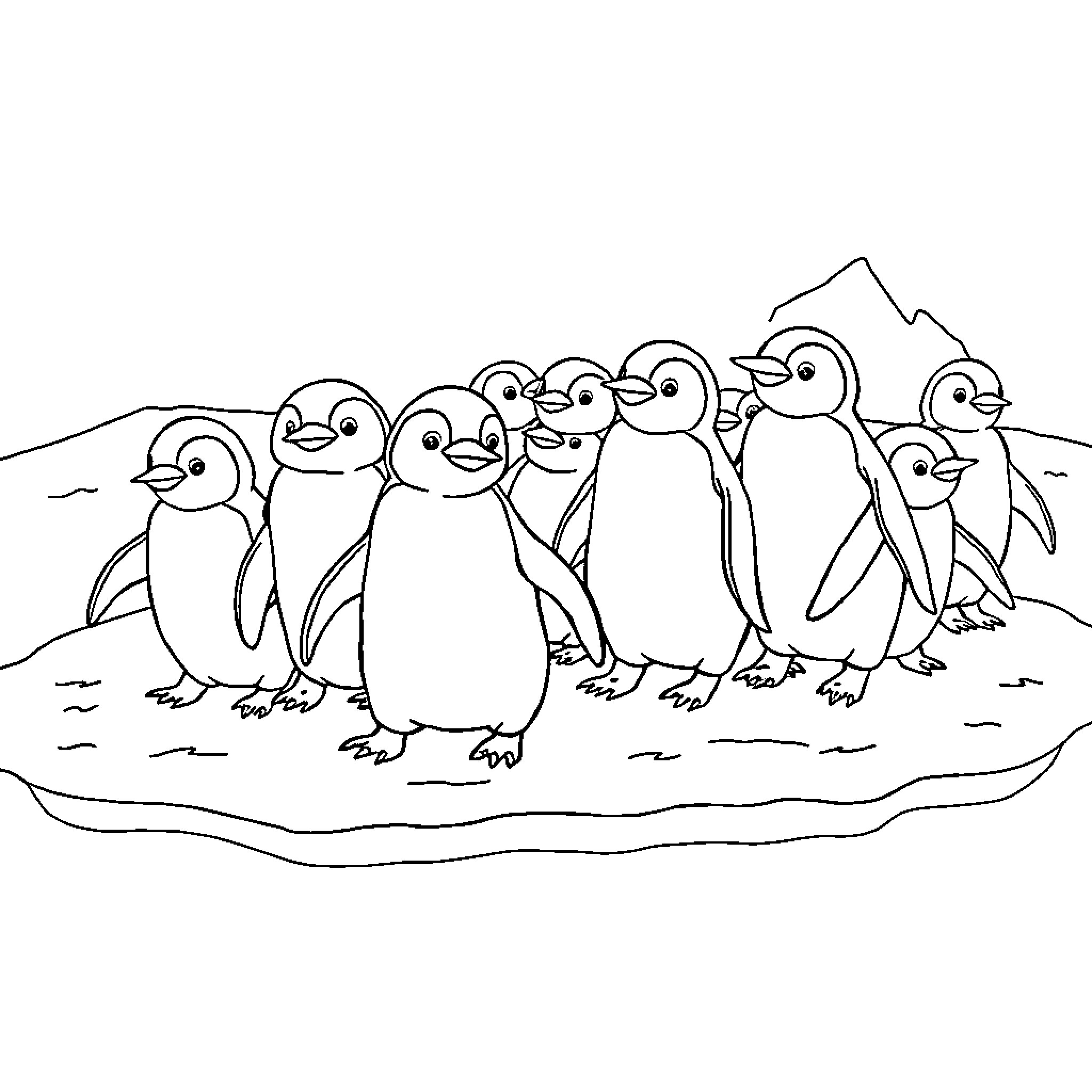 Penguin family huddling together on ice Coloring Page (free black-and-white line drawing printable PDF for all, from beginners to advanced learners, including children, teens, adults, and seniors)