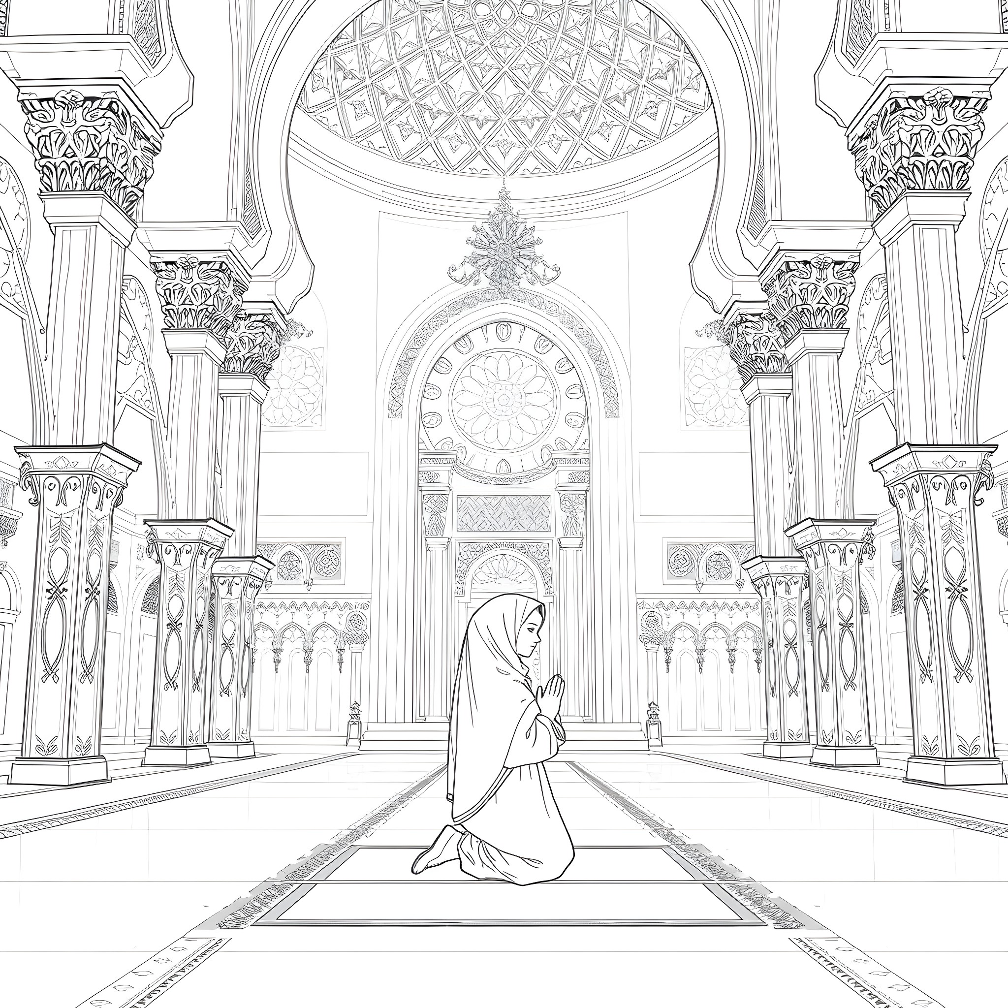 Muslim Girl Praying in Ornate Mosque Coloring Page (free black-and-white line drawing printable PDF for all, from beginners to advanced learners, including children, teens, adults, and seniors)