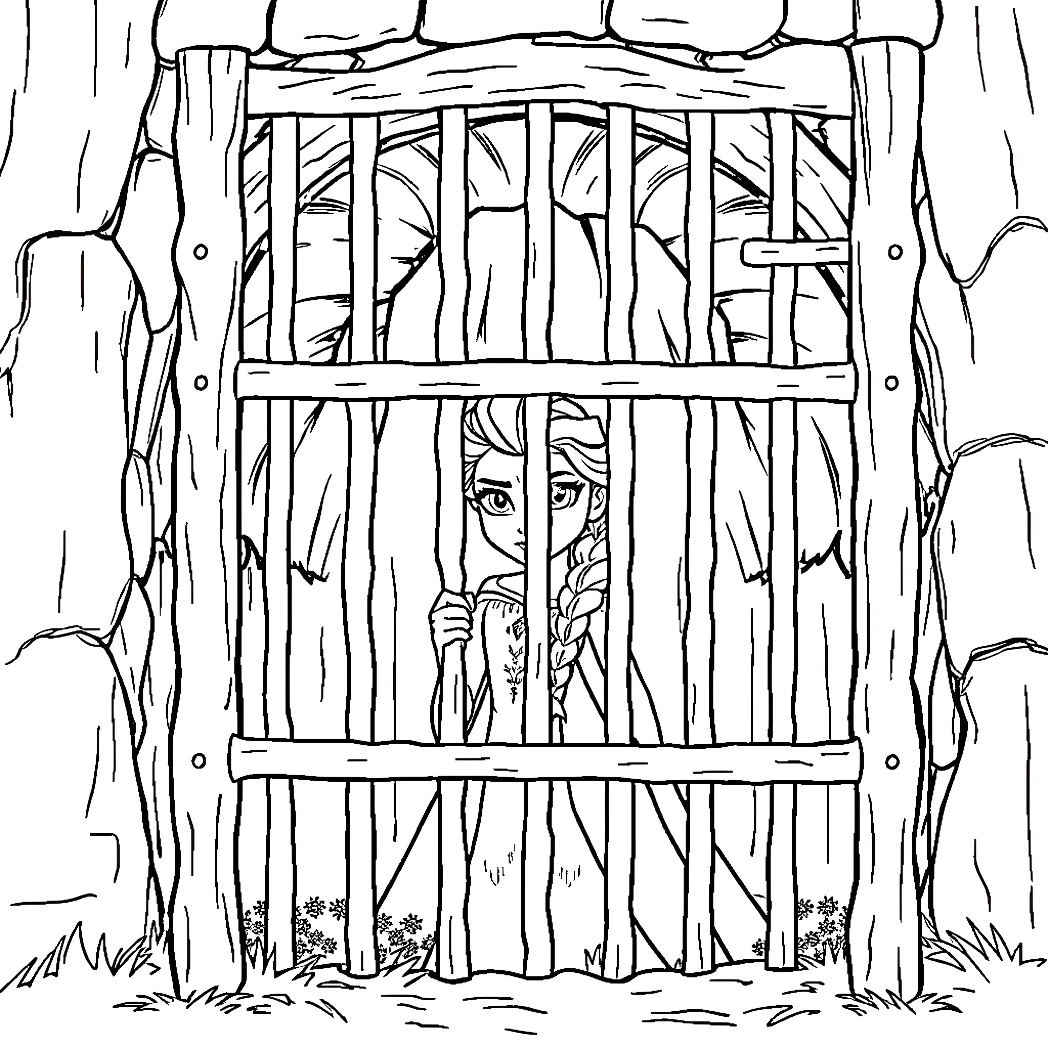 Elsa imprisoned in a wooden cage in the forest Coloring Page (free black-and-white line drawing printable PDF for all, from beginners to advanced learners, including children, teens, adults, and seniors)