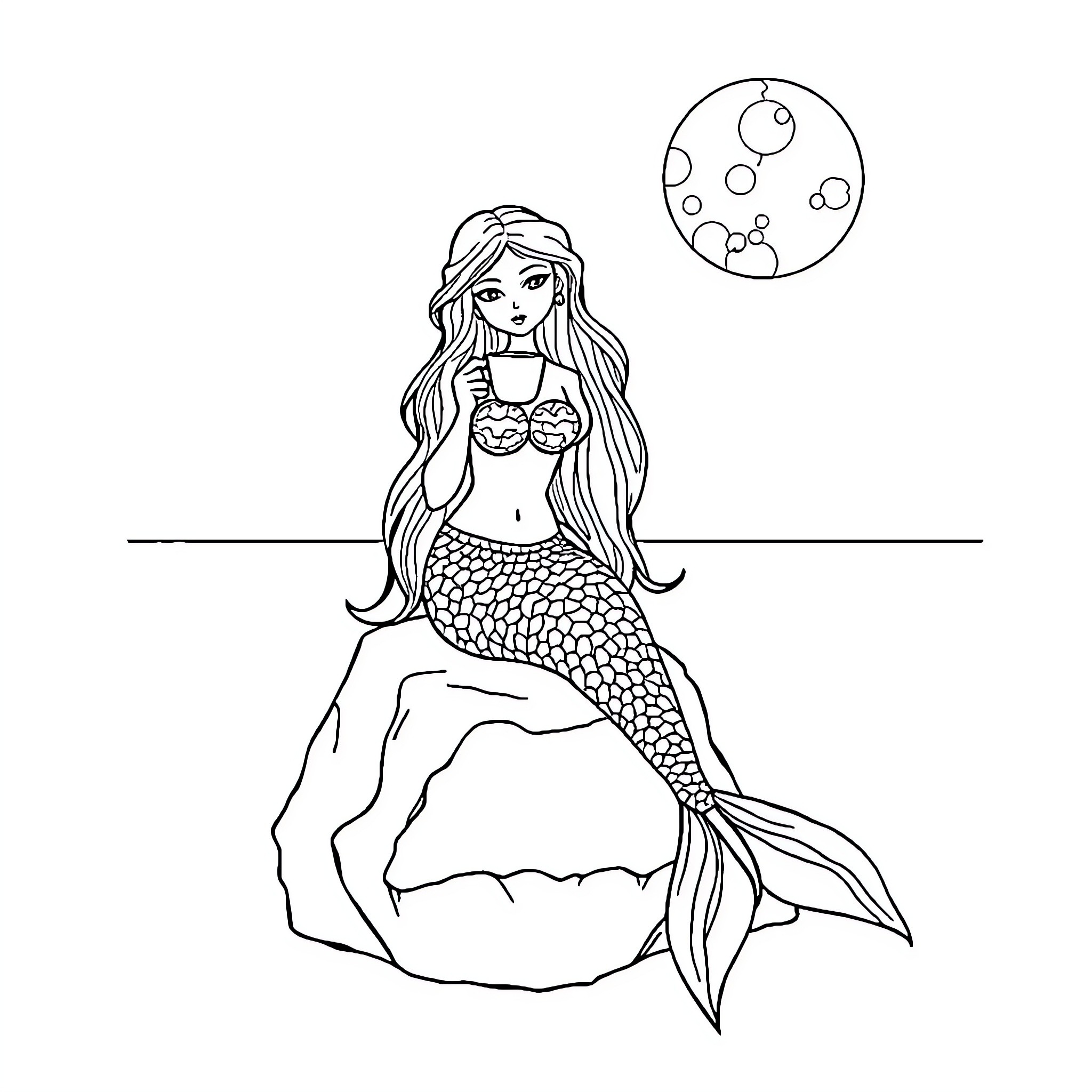 Mermaid sitting on a rock gazing at the moon Coloring Page (free black-and-white line drawing printable PDF for all, from beginners to advanced learners, including children, teens, adults, and seniors)