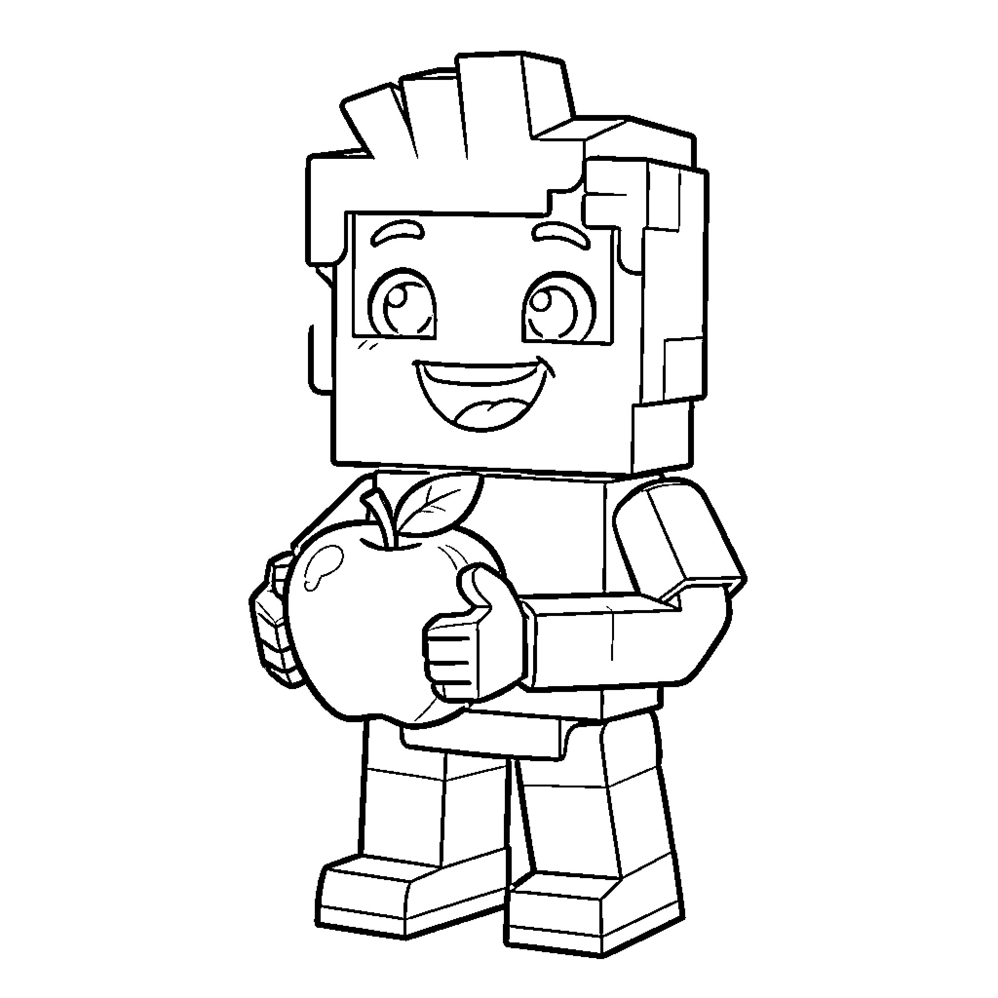 Wonderblocks happy character holding a delicious apple Coloring Page (free black-and-white line drawing printable PDF for all, from beginners to advanced learners, including children, teens, adults, and seniors)
