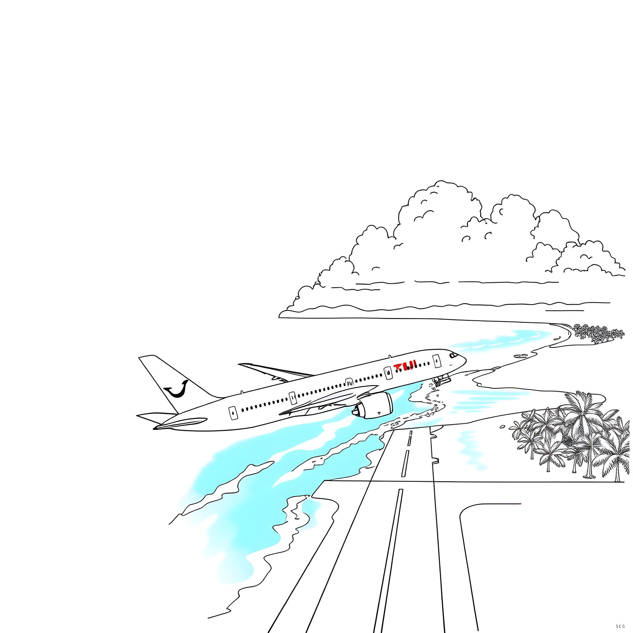 B787-9 aircraft taking off from tropical airport Coloring Page (free black-and-white line drawing printable PDF for all, from beginners to advanced learners, including children, teens, adults, and seniors)