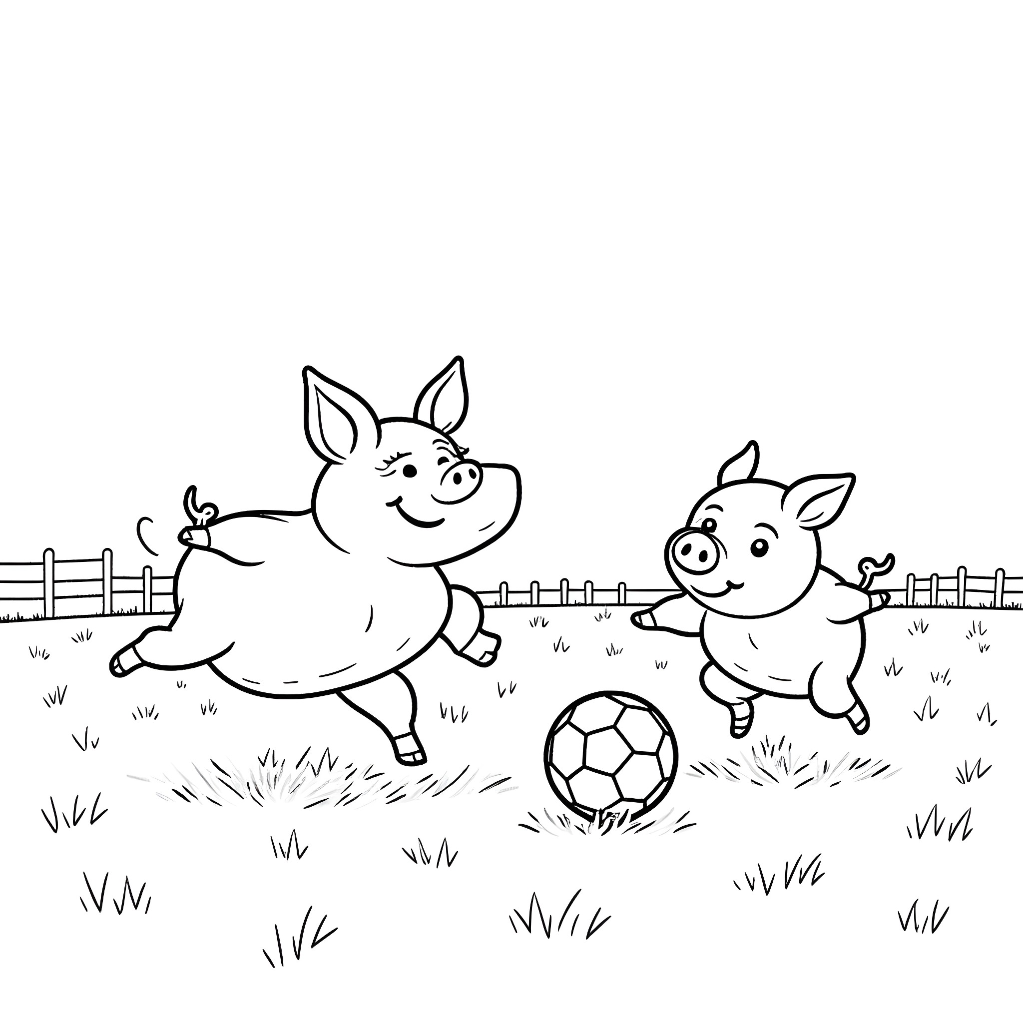 Pigs playing joyfully in the field Coloring Page (free black-and-white line drawing printable PDF for all, from beginners to advanced learners, including children, teens, adults, and seniors)