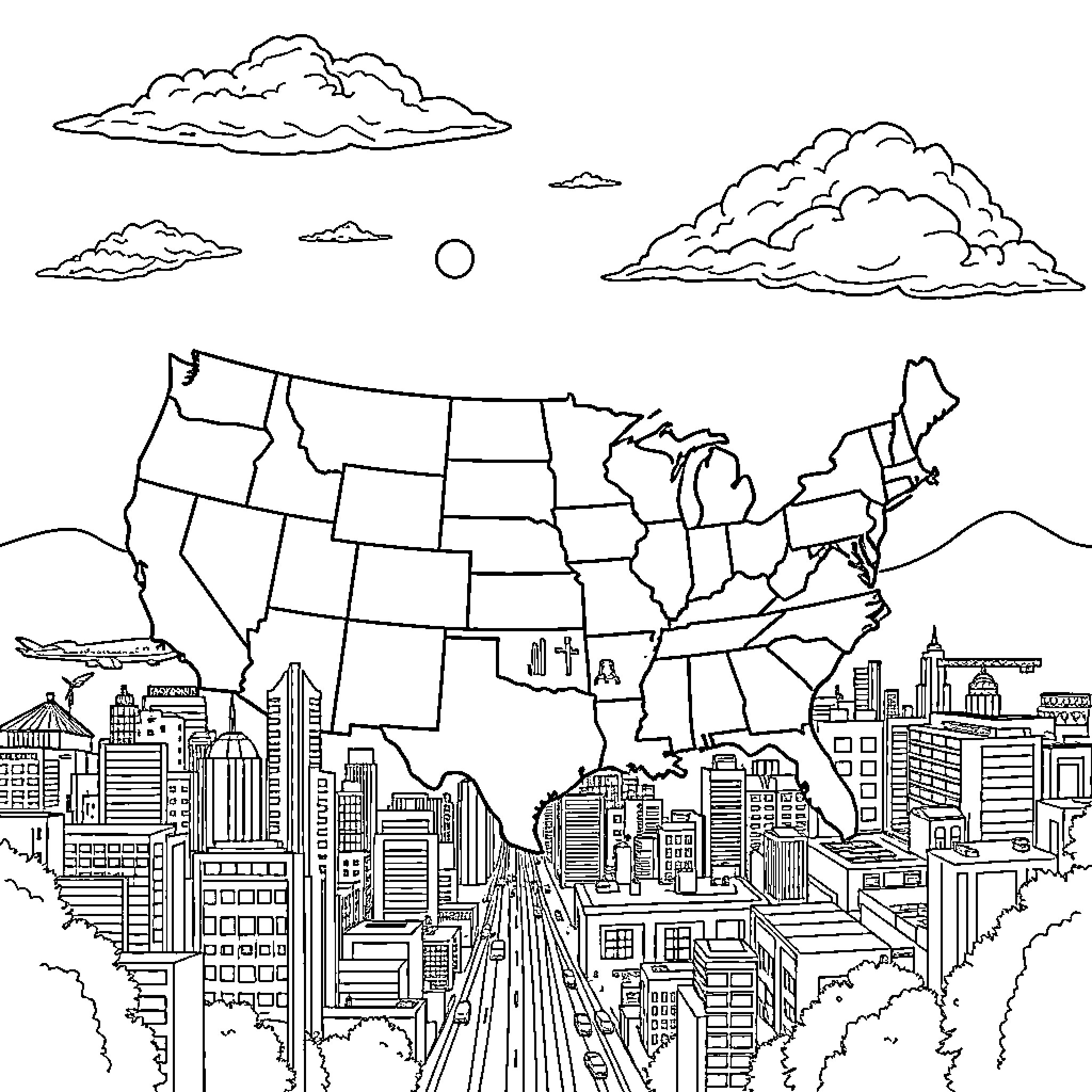 United States cityscape and landscape illustration Coloring Page (free black-and-white line drawing printable PDF for all, from beginners to advanced learners, including children, teens, adults, and seniors)