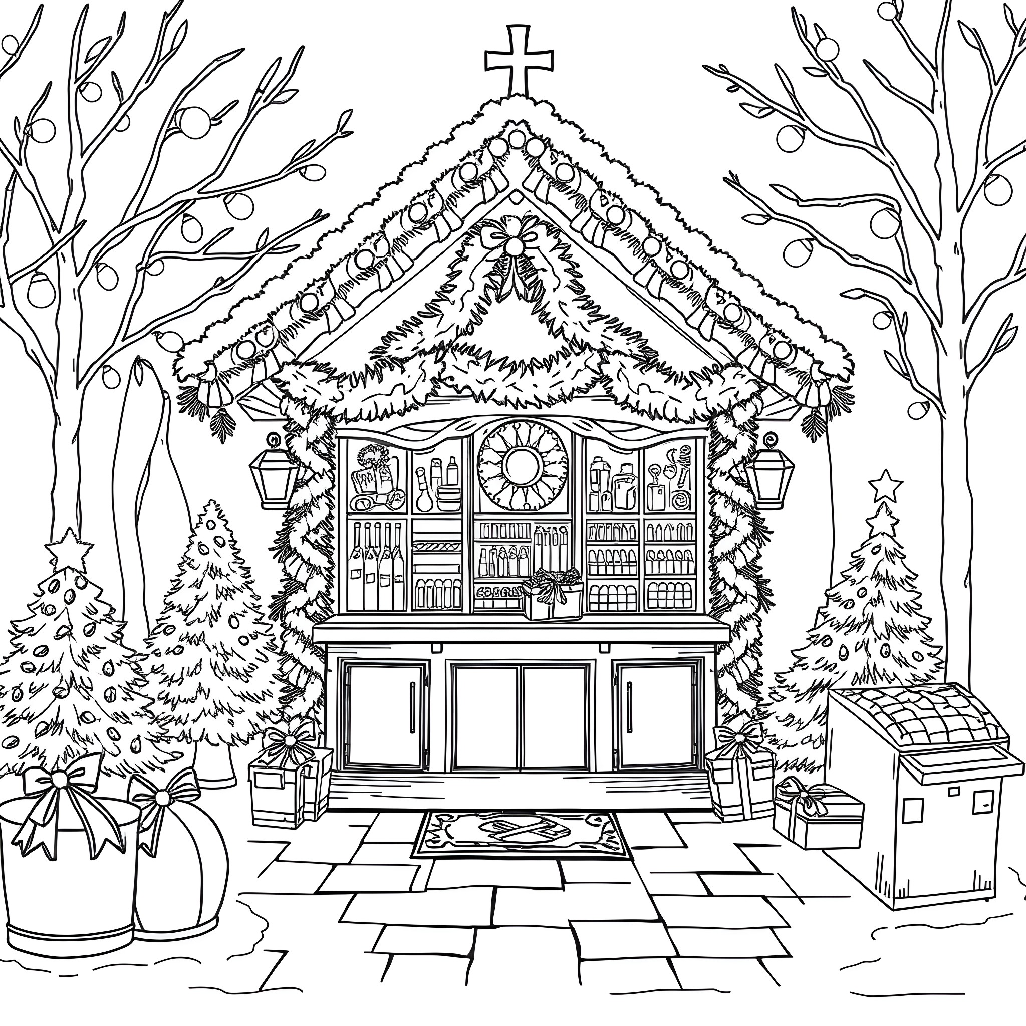 Christmas Market Scene with Decorated Building Coloring Page (free black-and-white line drawing printable PDF for all, from beginners to advanced learners, including children, teens, adults, and seniors)