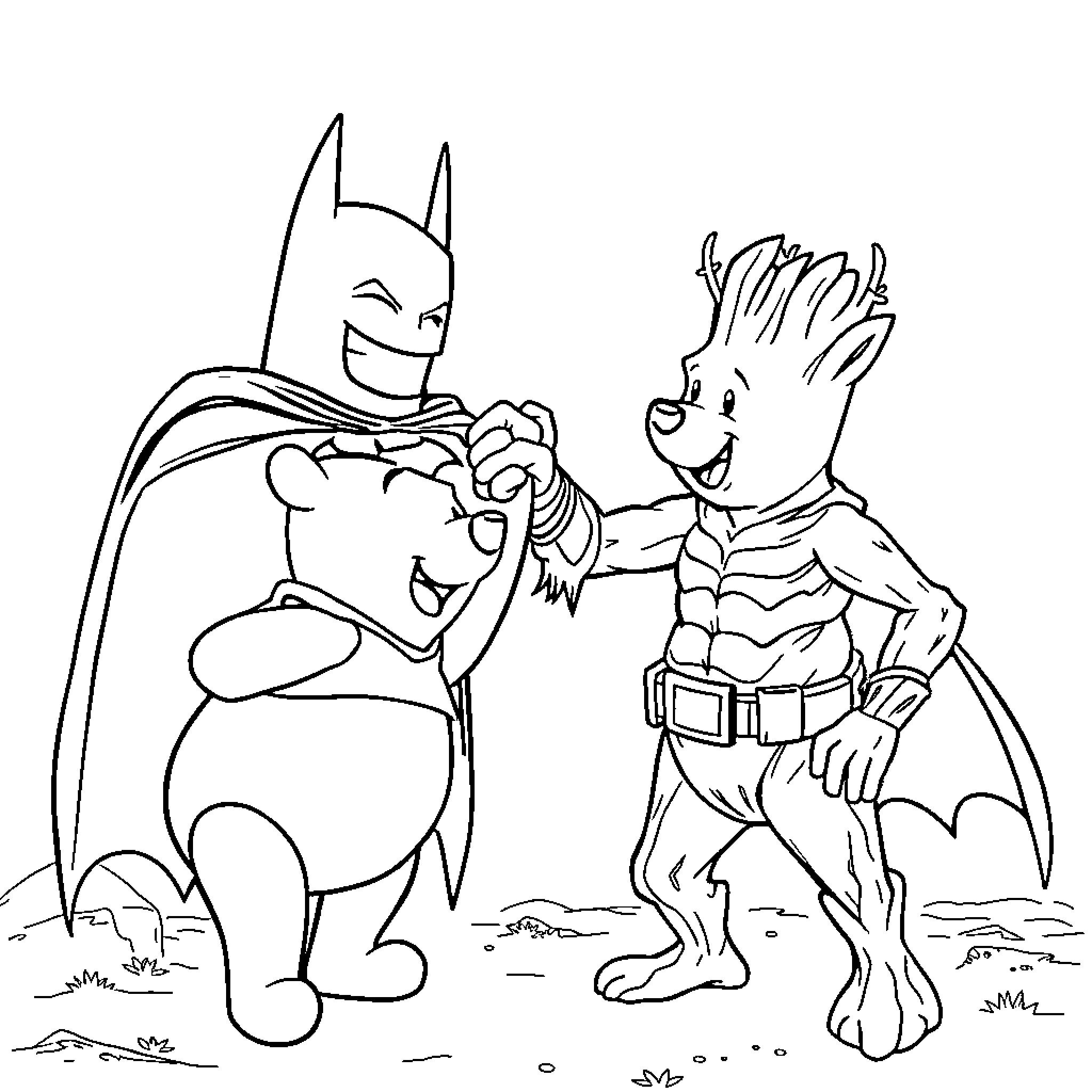 Winnie The Pooh and Groot Embrace in Playful Friendship Coloring Page (free black-and-white line drawing printable PDF for all, from beginners to advanced learners, including children, teens, adults, and seniors)