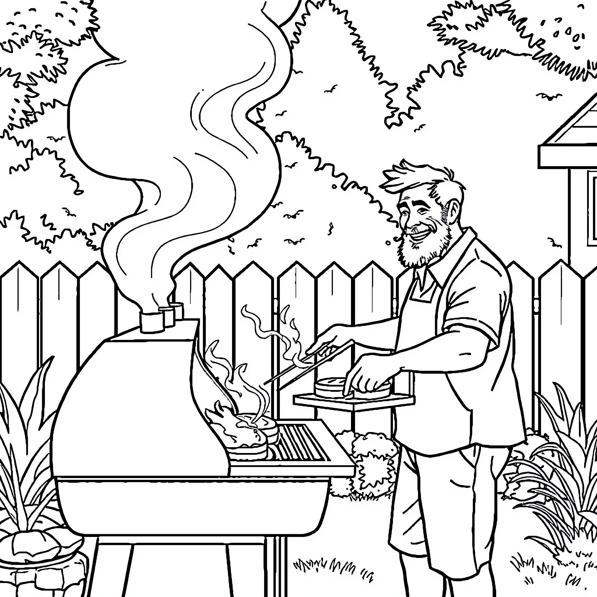 Dad grilling outdoors in the backyard Coloring Page (free black-and-white line drawing printable PDF for all, from beginners to advanced learners, including children, teens, adults, and seniors)