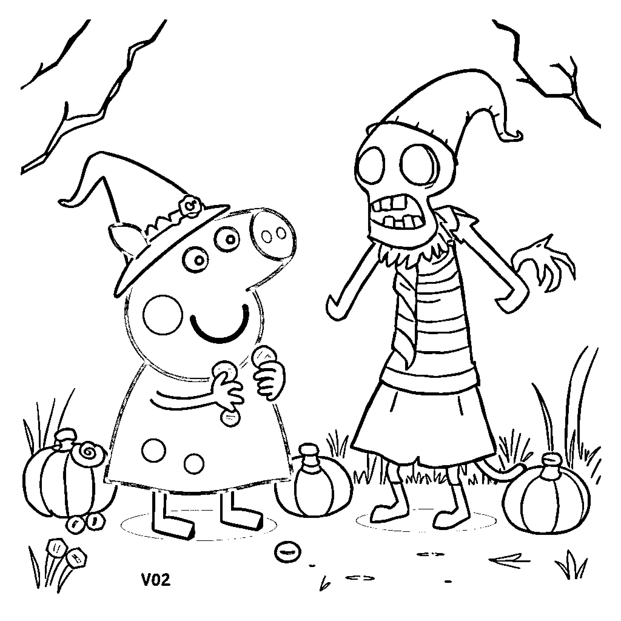 Peppa Pig characters in a spooky autumn scene Coloring Page (free black-and-white line drawing printable PDF for all, from beginners to advanced learners, including children, teens, adults, and seniors)