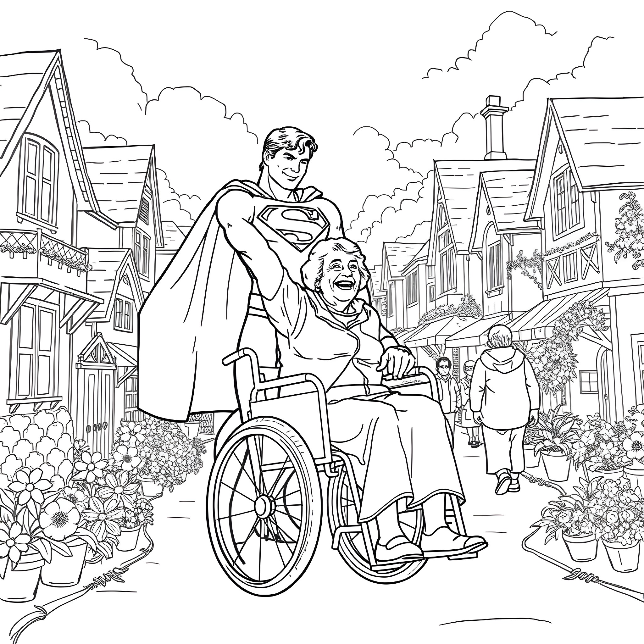 Superman assisting an elderly person in a wheelchair on a city street Coloring Page (free black-and-white line drawing printable PDF for all, from beginners to advanced learners, including children, teens, adults, and seniors)