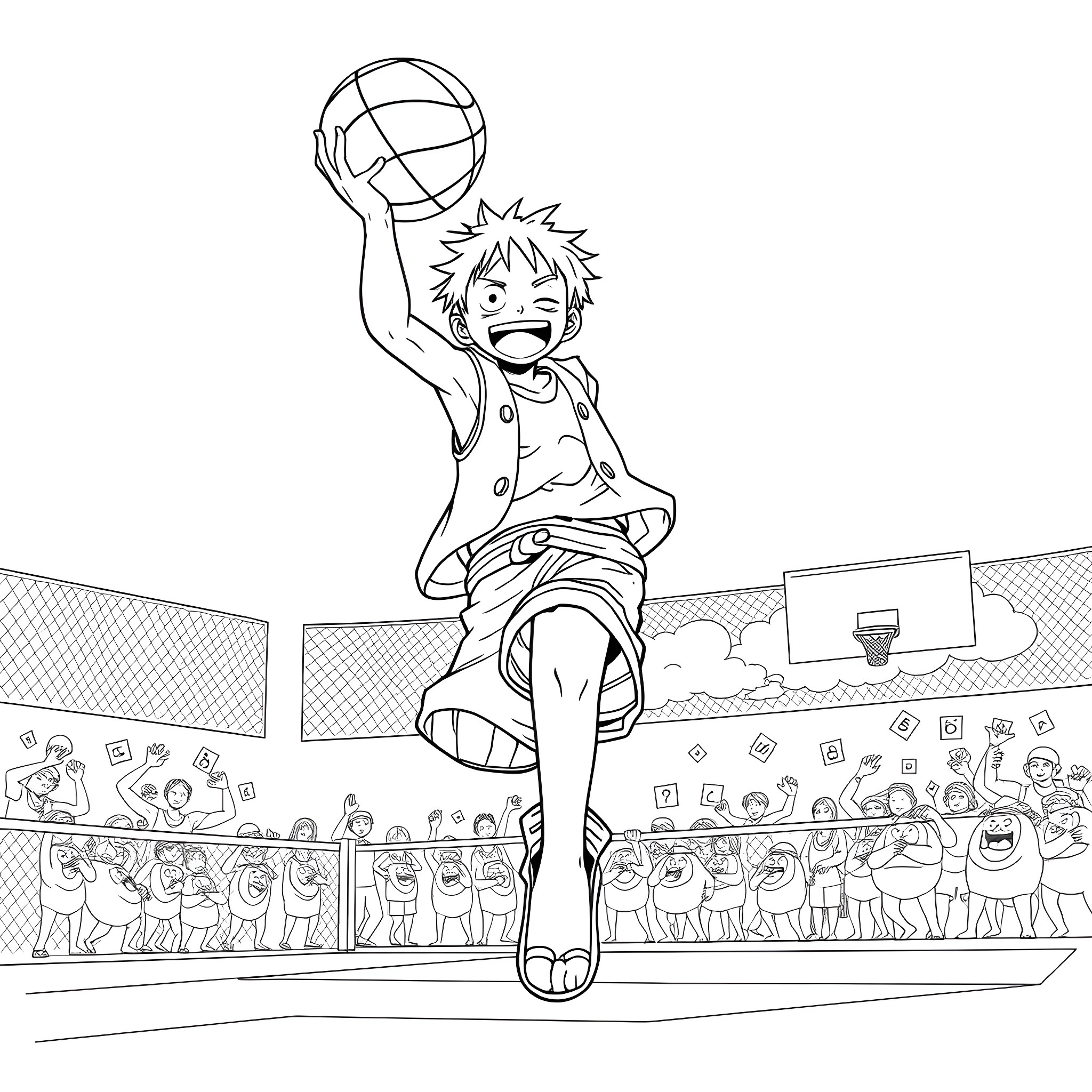 Luffy playing volleyball enthusiastically on the court Coloring Page (free black-and-white line drawing printable PDF for all, from beginners to advanced learners, including children, teens, adults, and seniors)