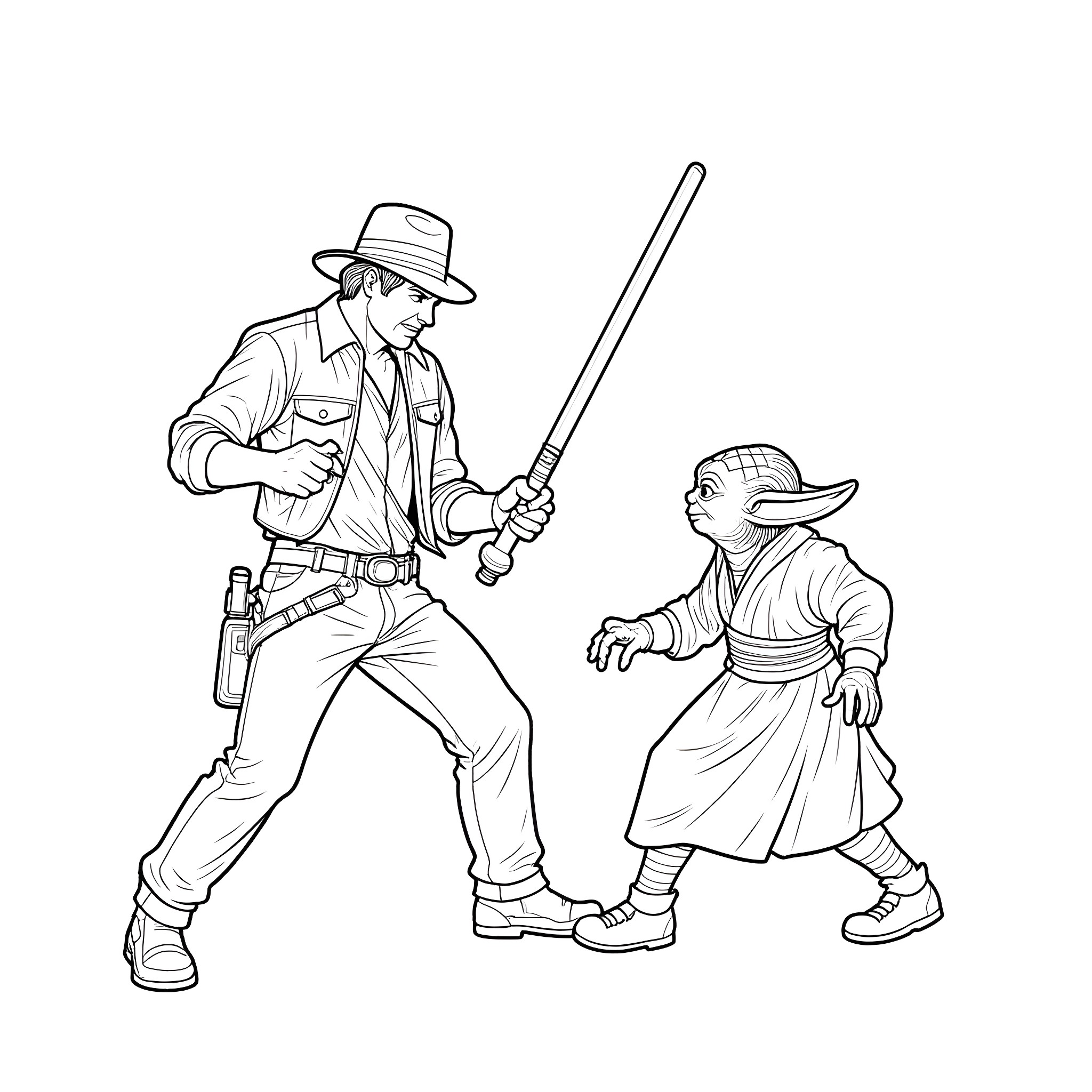 Indiana Jones battles an enemy in the wilderness Coloring Page (free black-and-white line drawing printable PDF for all, from beginners to advanced learners, including children, teens, adults, and seniors)
