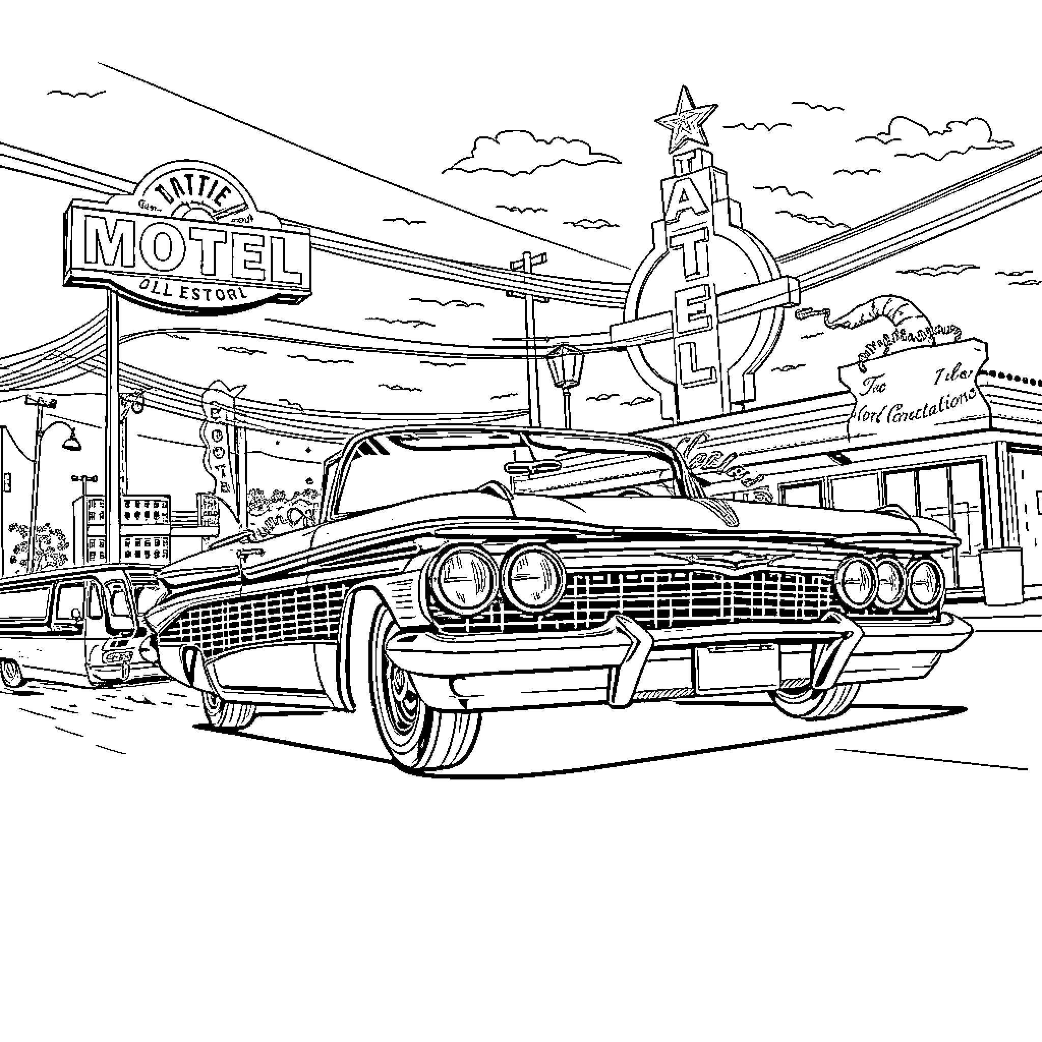 Impala classic car at retro motel scene Coloring Page (free black-and-white line drawing printable PDF for all, from beginners to advanced learners, including children, teens, adults, and seniors)