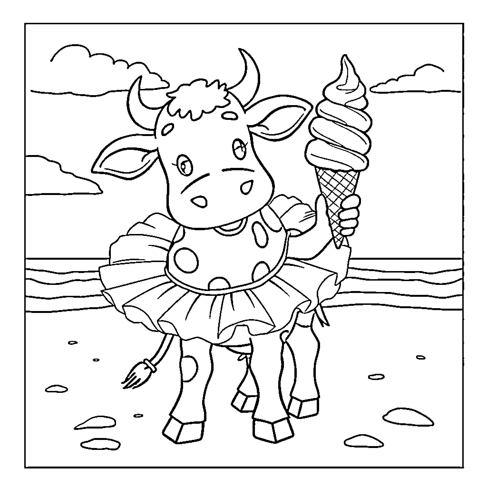 Cow enjoying a colorful ice cream by the beach Coloring Page (free black-and-white line drawing printable PDF for all, from beginners to advanced learners, including children, teens, adults, and seniors)