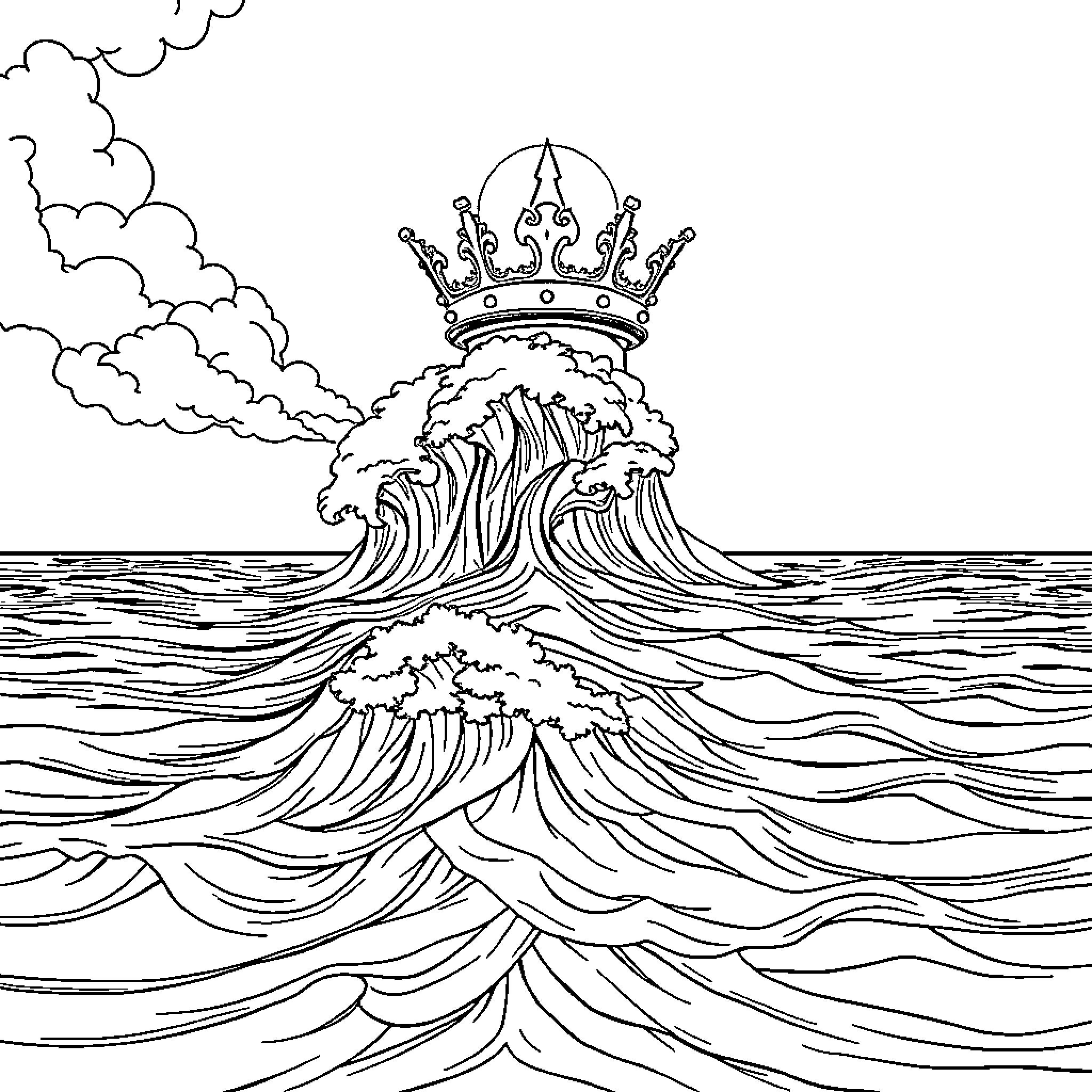 Shark riding majestic waves with a crown Coloring Page (free black-and-white line drawing printable PDF for all, from beginners to advanced learners, including children, teens, adults, and seniors)