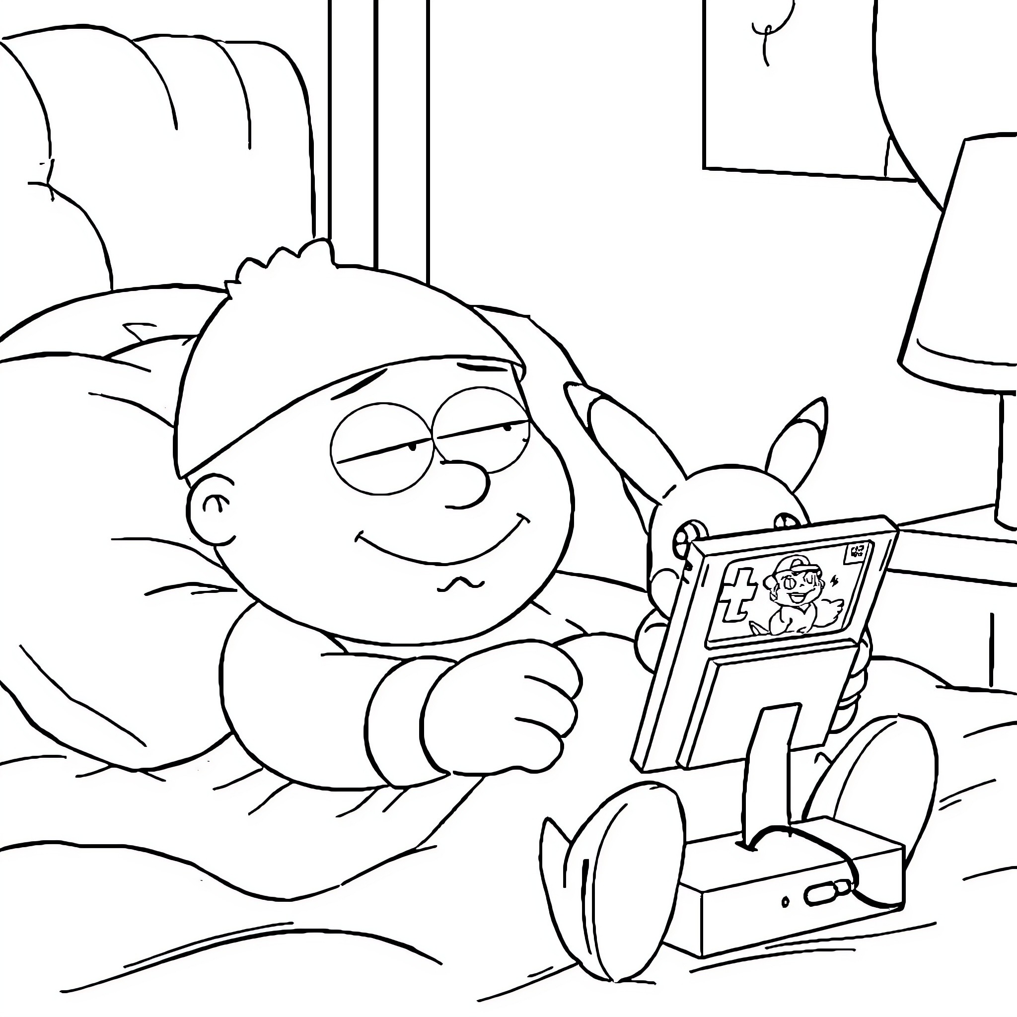 Cartman playing video games in his room Coloring Page (free black-and-white line drawing printable PDF for all, from beginners to advanced learners, including children, teens, adults, and seniors)