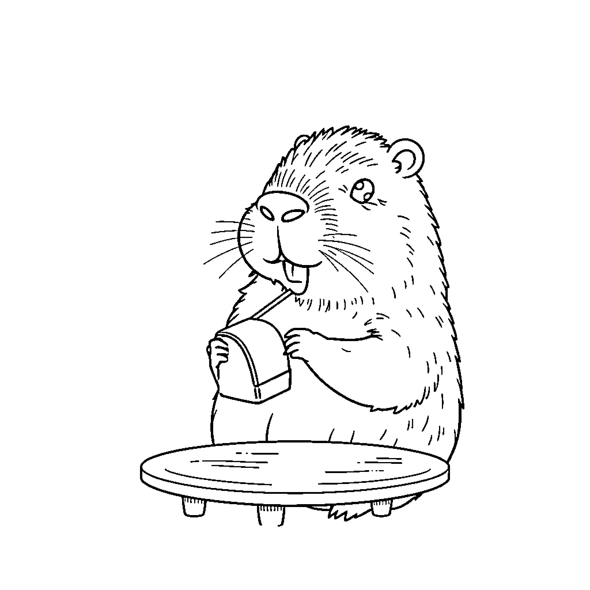 Capybara enjoying a snack on a table Coloring Page (free black-and-white line drawing printable PDF for all, from beginners to advanced learners, including children, teens, adults, and seniors)