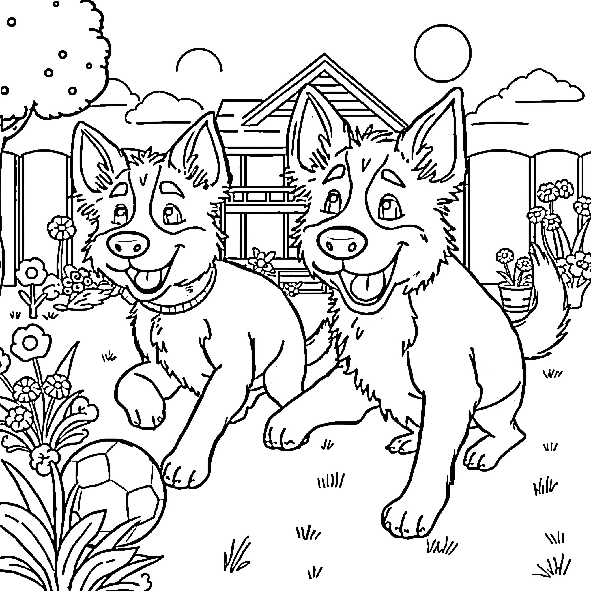 Bluey's Backyard Adventure Coloring Page (free black-and-white line drawing printable PDF for all, from beginners to advanced learners, including children, teens, adults, and seniors)