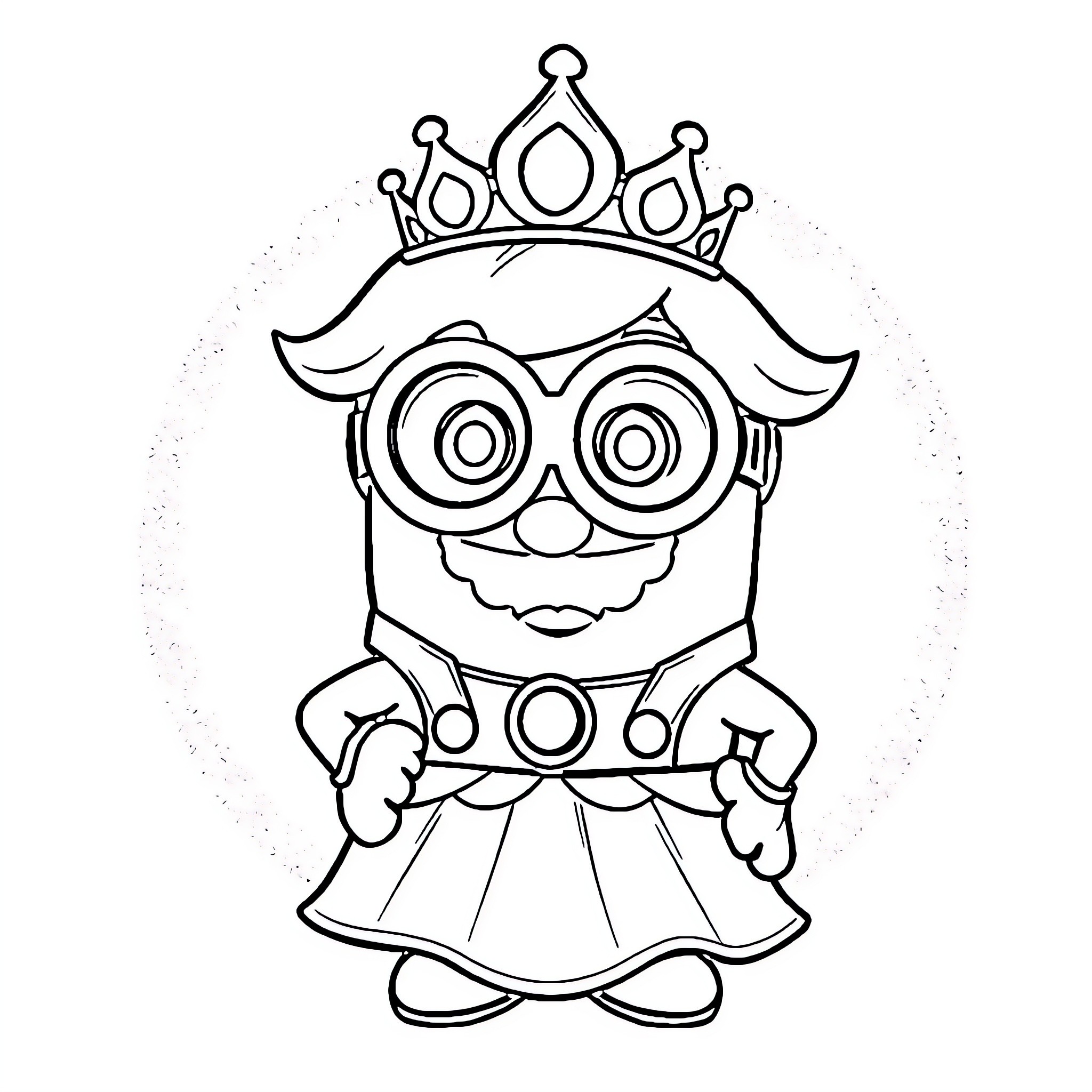 Minion dressed as a queen with a crown Coloring Page (free black-and-white line drawing printable PDF for all, from beginners to advanced learners, including children, teens, adults, and seniors)