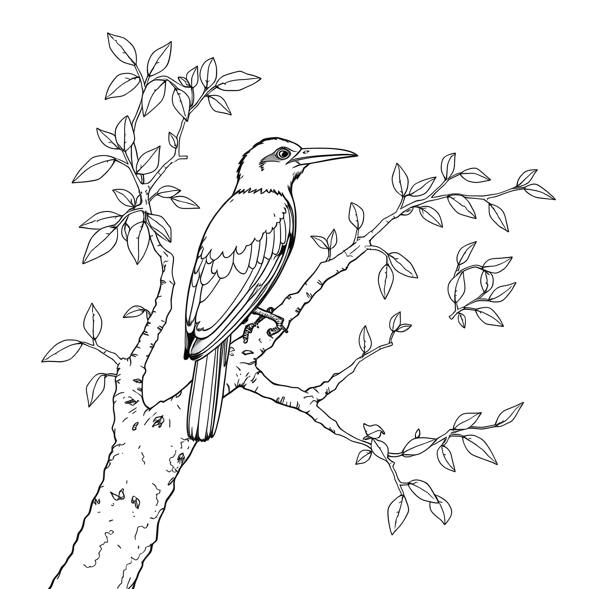 Cyanocorax Yncas perching on a branch with leaves Coloring Page (free black-and-white line drawing printable PDF for all, from beginners to advanced learners, including children, teens, adults, and seniors)