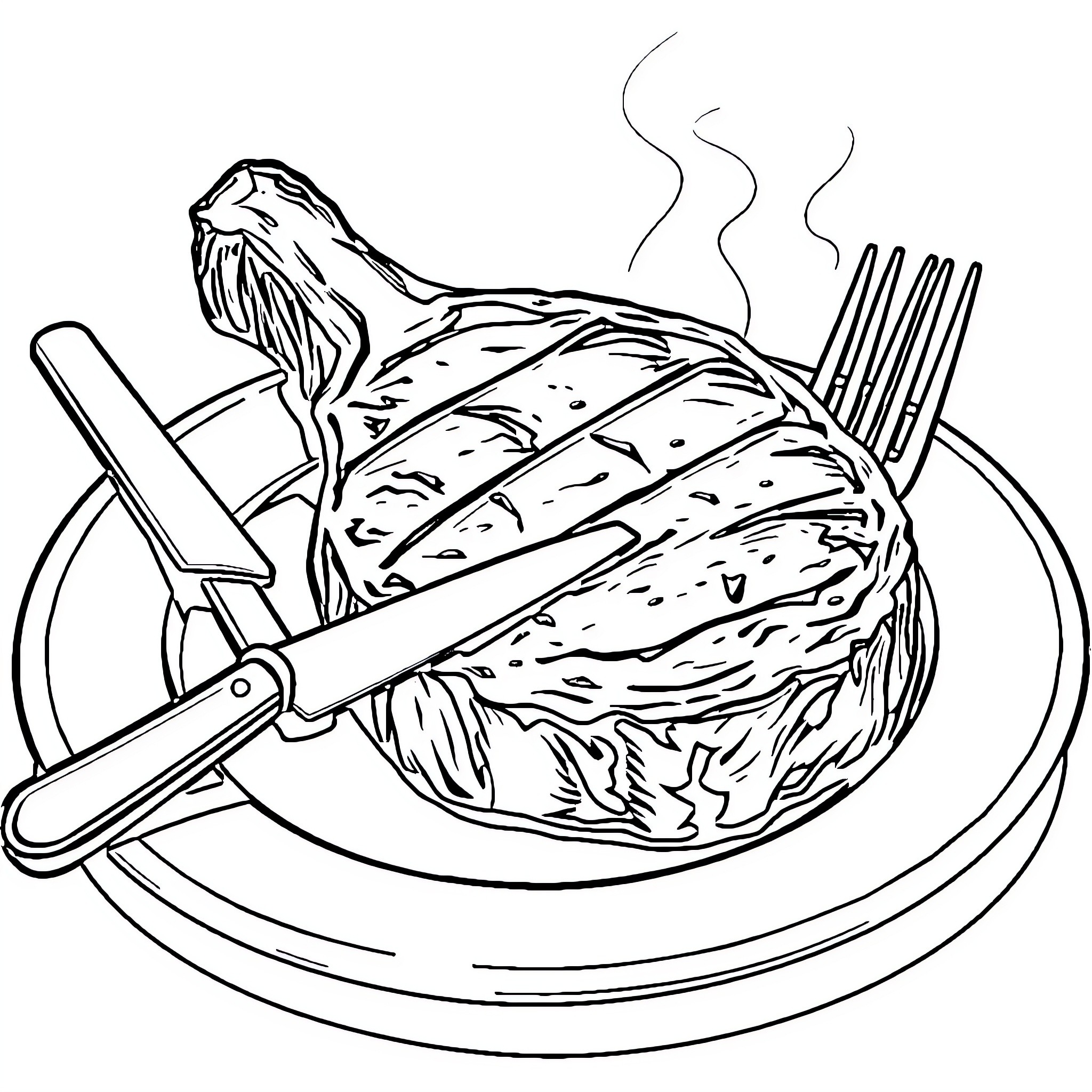 Steak sizzling on the grill with utensils Coloring Page (free black-and-white line drawing printable PDF for all, from beginners to advanced learners, including children, teens, adults, and seniors)