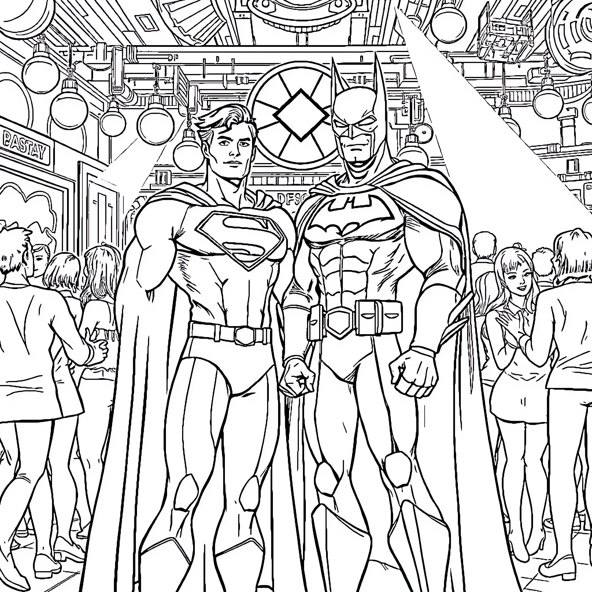 Superman and Batman standing together in action Coloring Page (free black-and-white line drawing printable PDF for all, from beginners to advanced learners, including children, teens, adults, and seniors)
