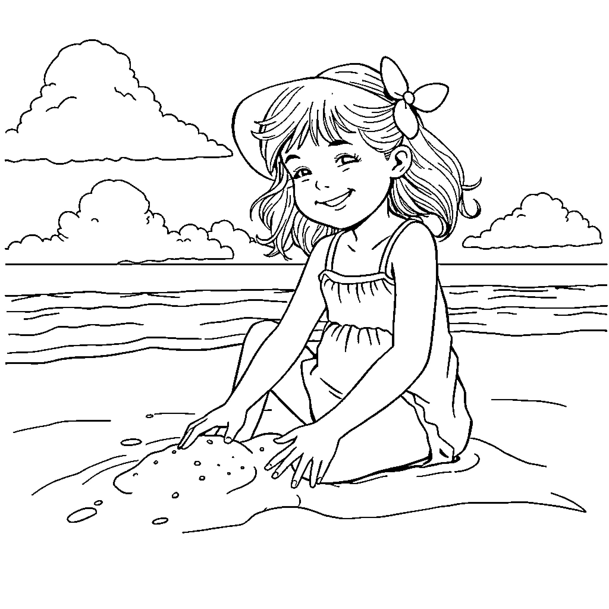 Girl playing joyfully at the beach Coloring Page (free black-and-white line drawing printable PDF for all, from beginners to advanced learners, including children, teens, adults, and seniors)