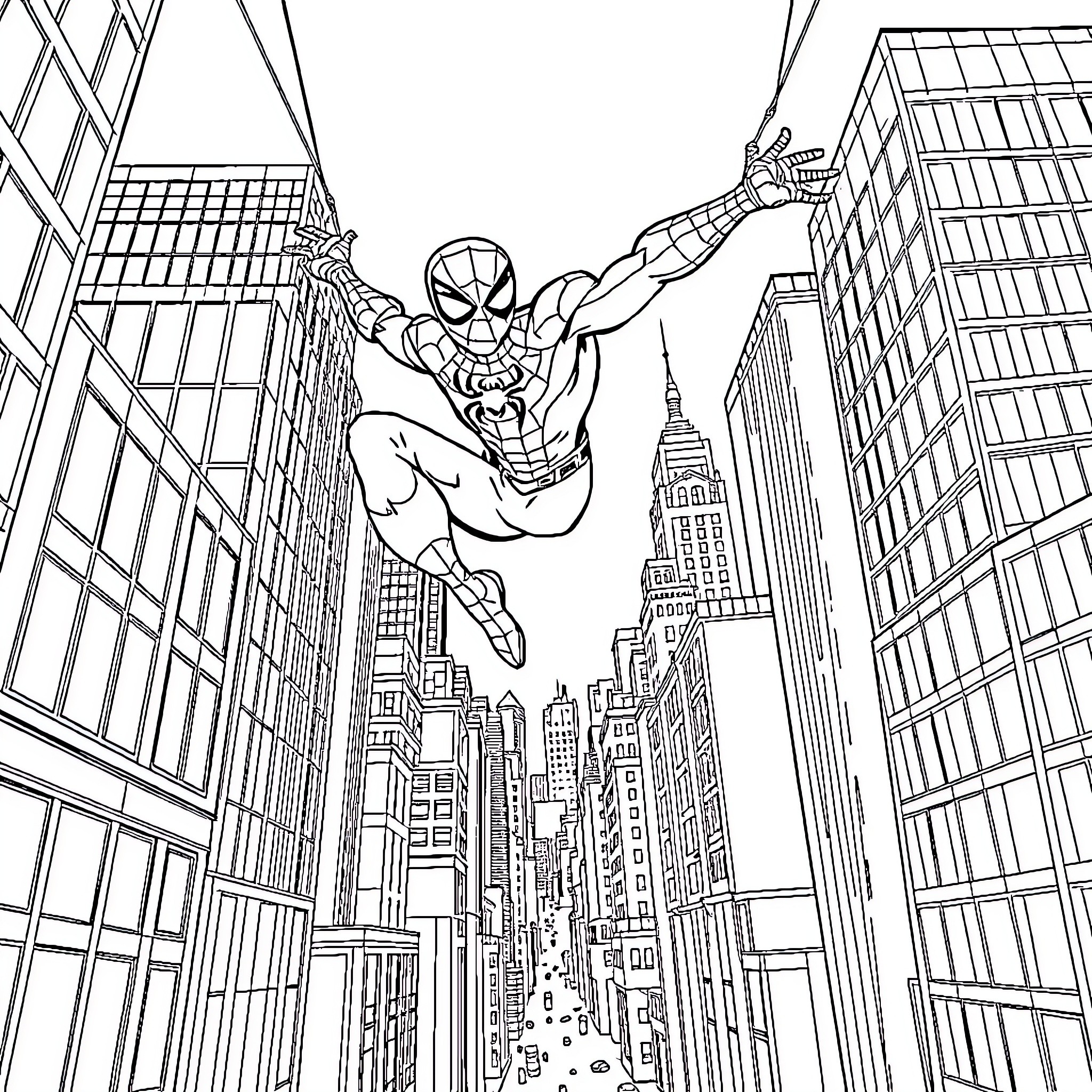 Spiderman swinging through the city skyline Coloring Page (free black-and-white line drawing printable PDF for all, from beginners to advanced learners, including children, teens, adults, and seniors)
