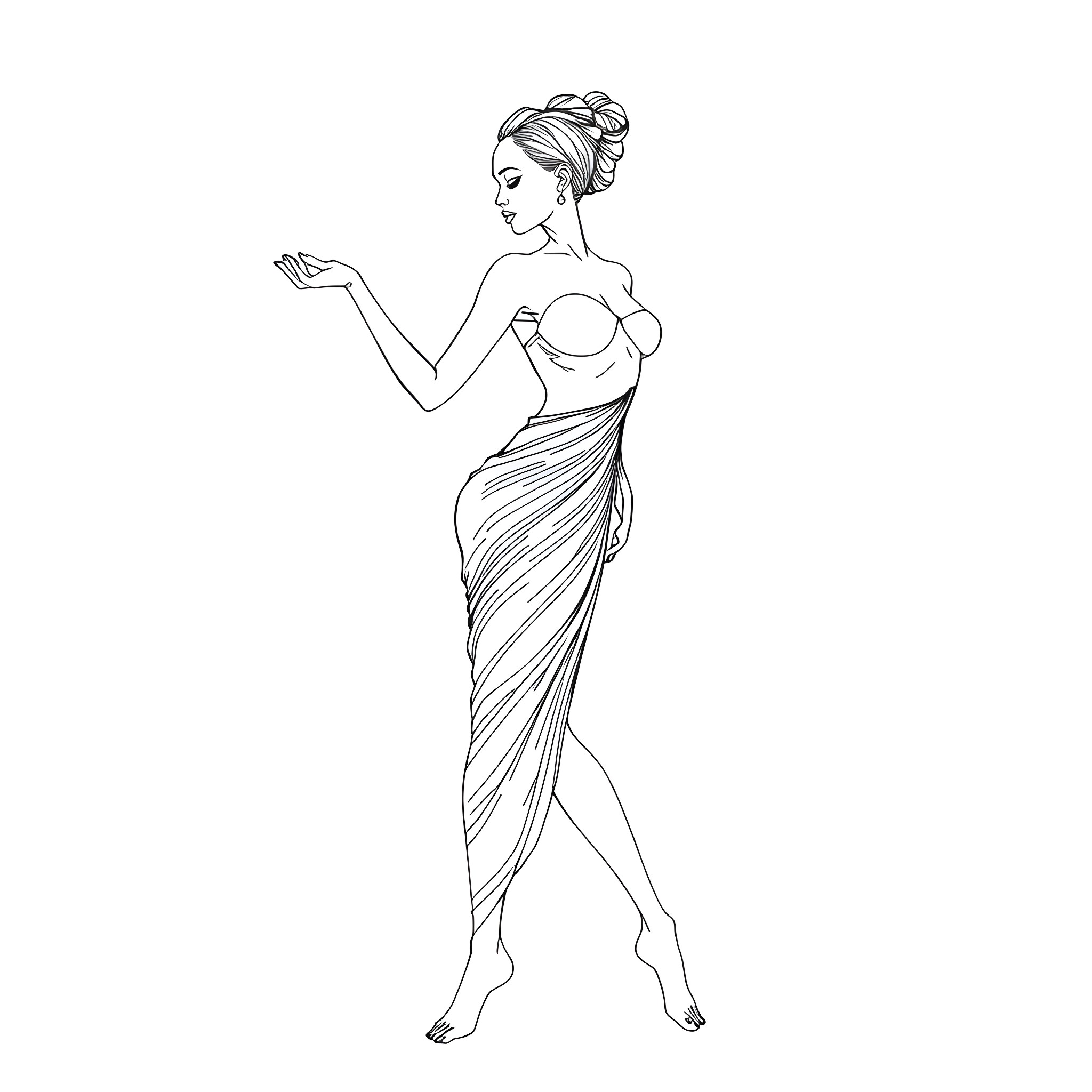 Woman in flowing dress with elegant hairstyle Coloring Page (free black-and-white line drawing printable PDF for all, from beginners to advanced learners, including children, teens, adults, and seniors)