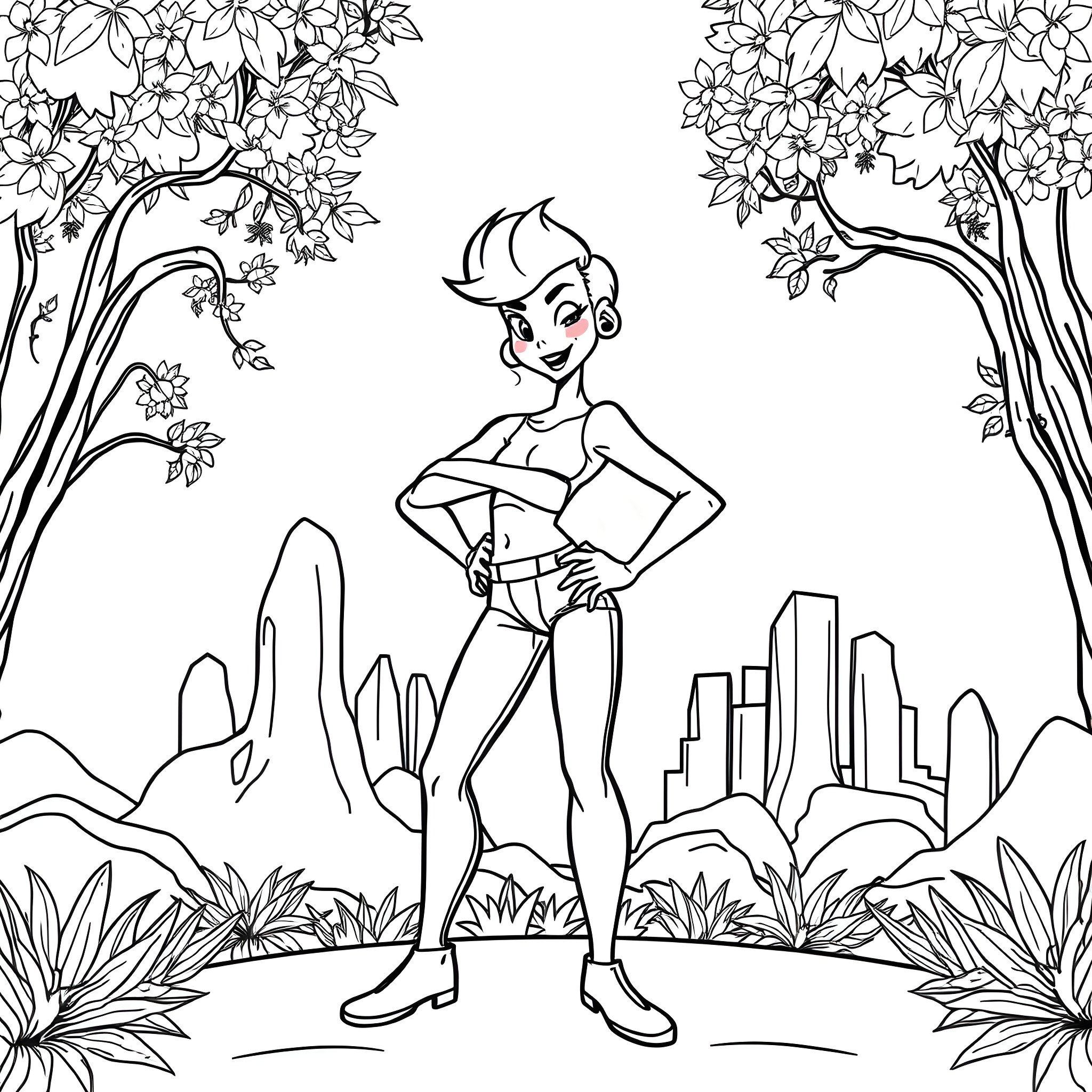 Breast Illustration of a Cartoon Boy in Nature Coloring Page (free black-and-white line drawing printable PDF for all, from beginners to advanced learners, including children, teens, adults, and seniors)